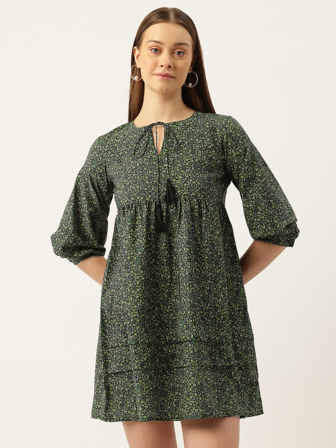 

Rue Collection Ditsy Floral Printed Tie-Up Neck Gathered Mini Dress, Green