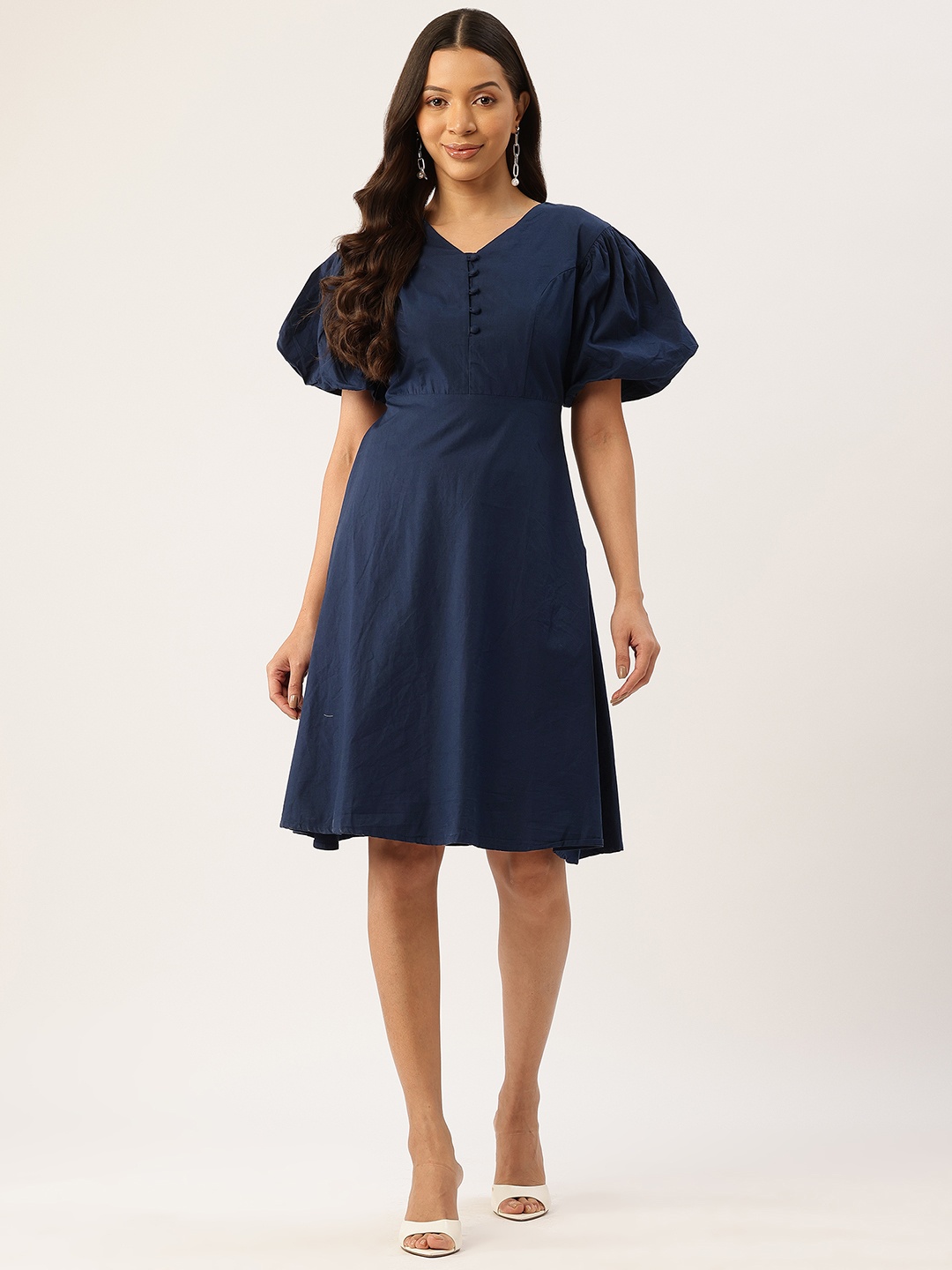 

Rue Collection Puff Sleeve Fit & Flare Midi Dress, Navy blue