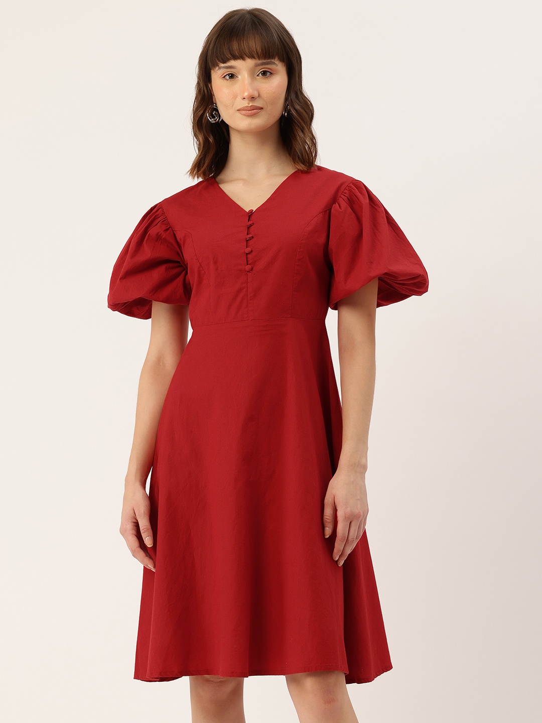 

Rue Collection Puff Sleeves Fit & Flare Dress, Red