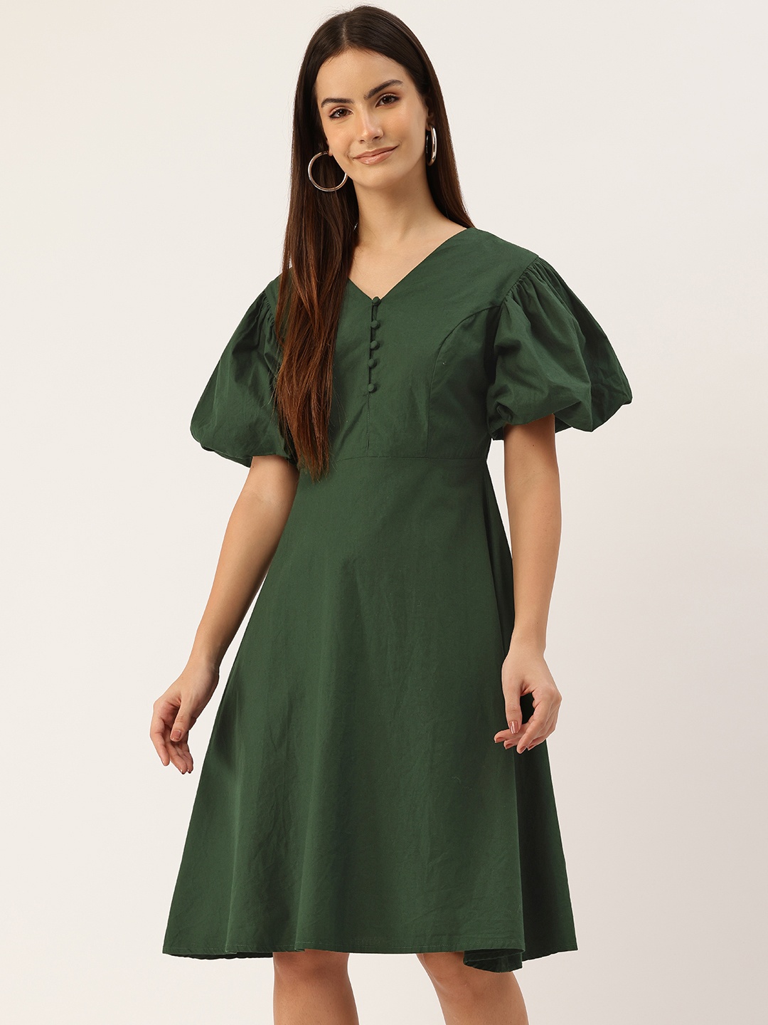 

Rue Collection Puff Sleeves Fit & Flare Dress, Green