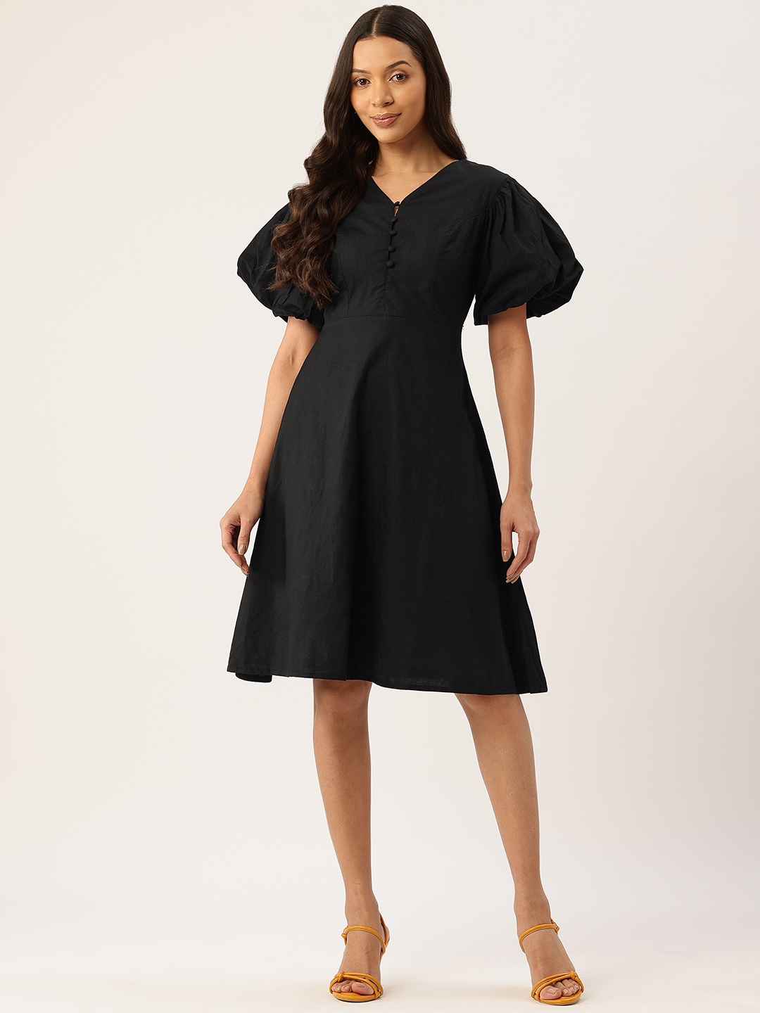 

Rue Collection Puff Sleeve Fit & Flare Dress, Black