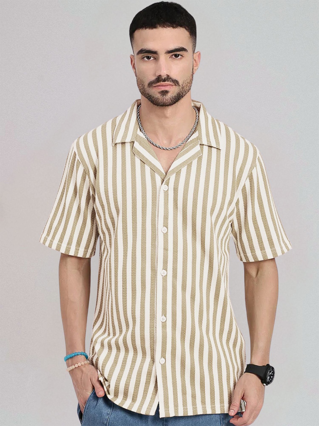 

Maniac Men Comfort Opaque Striped Casual Shirt, Green