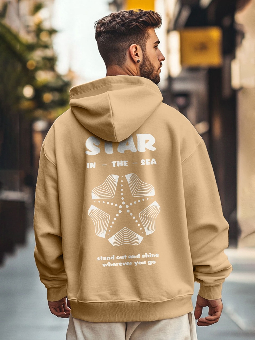 

NOBERO Men Oversized Printed Hooded Sweatshirt, Beige