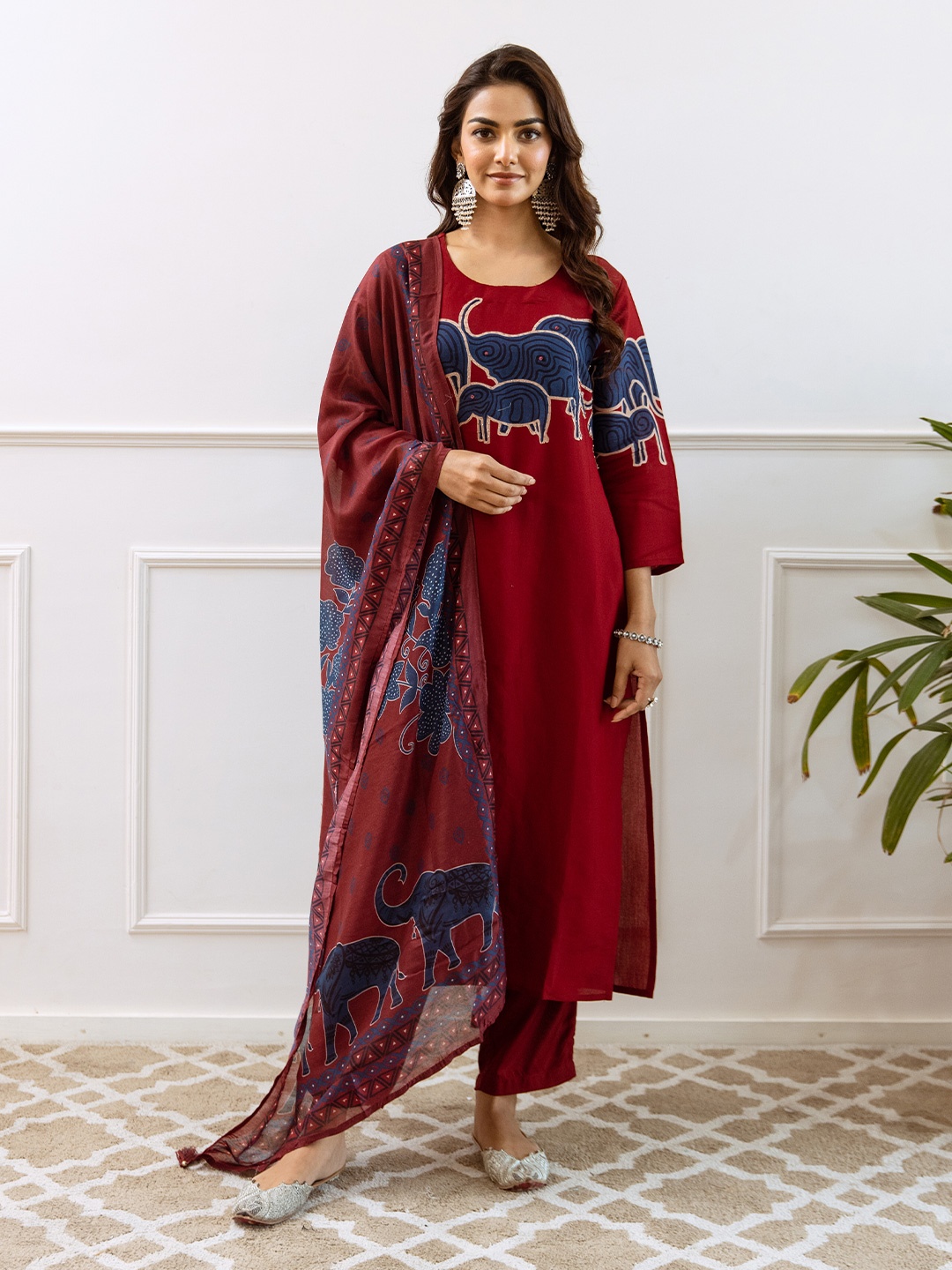 

Ishin Women Ethnic Motifs Printed Empire Pure Cotton Kurta with Trousers & With Dupatta, Red