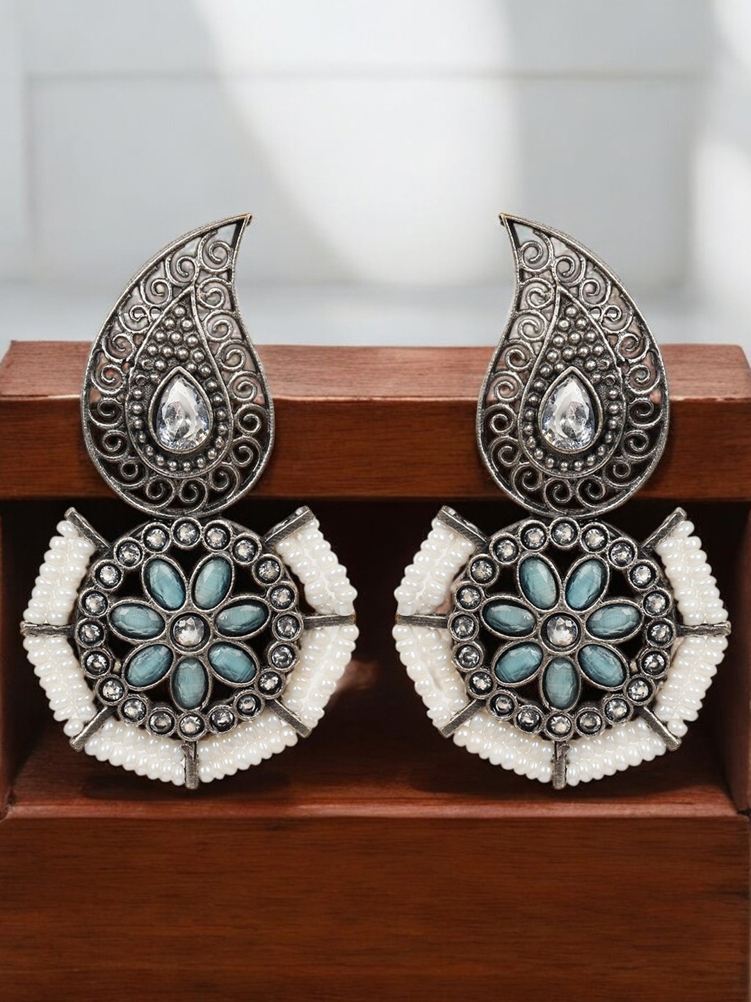 

VIVAZS Silver-Plated Stone Studded & Beaded Leaf Shaped Oxidised Drop Earrings