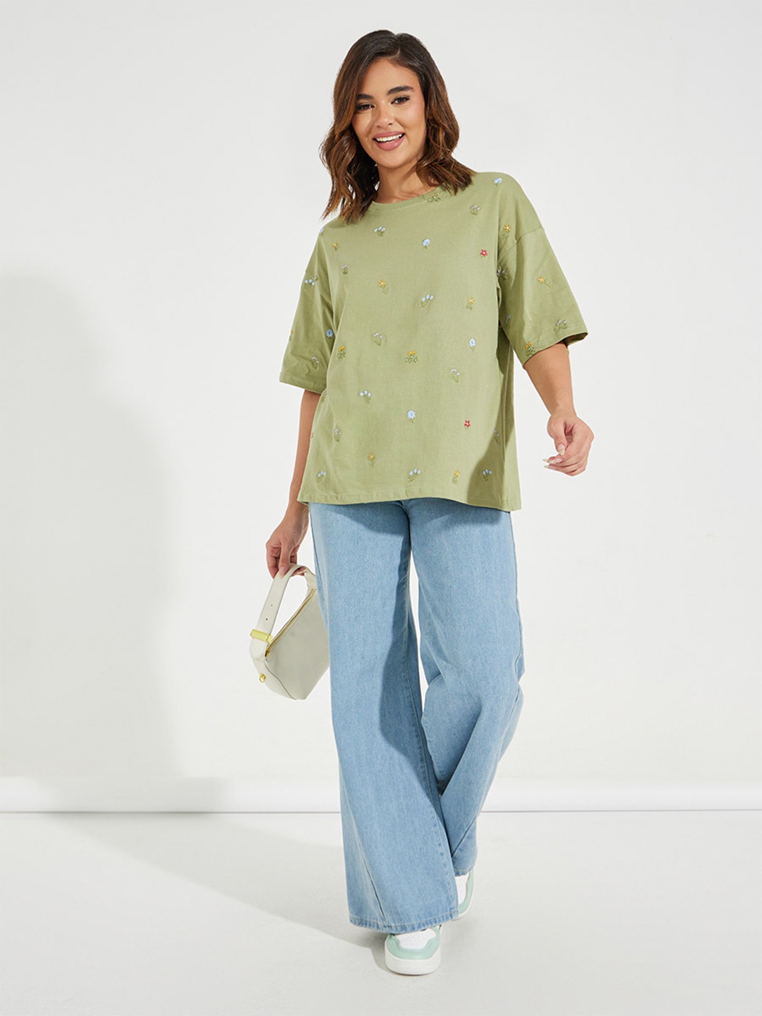 

Styli Green Floral Embroidered Round Neck Oversized Longline T-Shirt