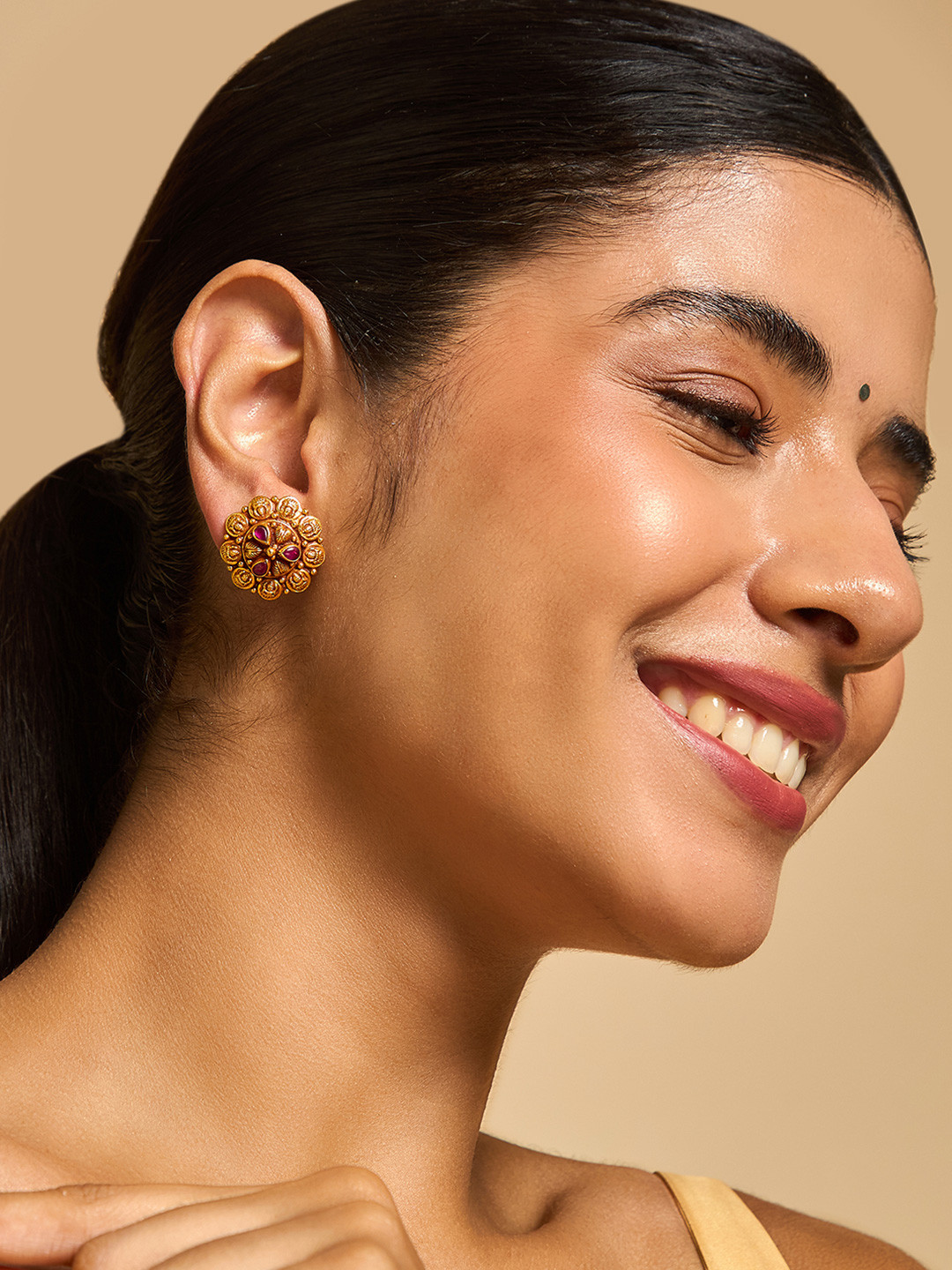 

Kushal's Fashion Jewellery Gold-Plated Ethnic 92.5 Pure Silver Floral Studs Earrings, Red