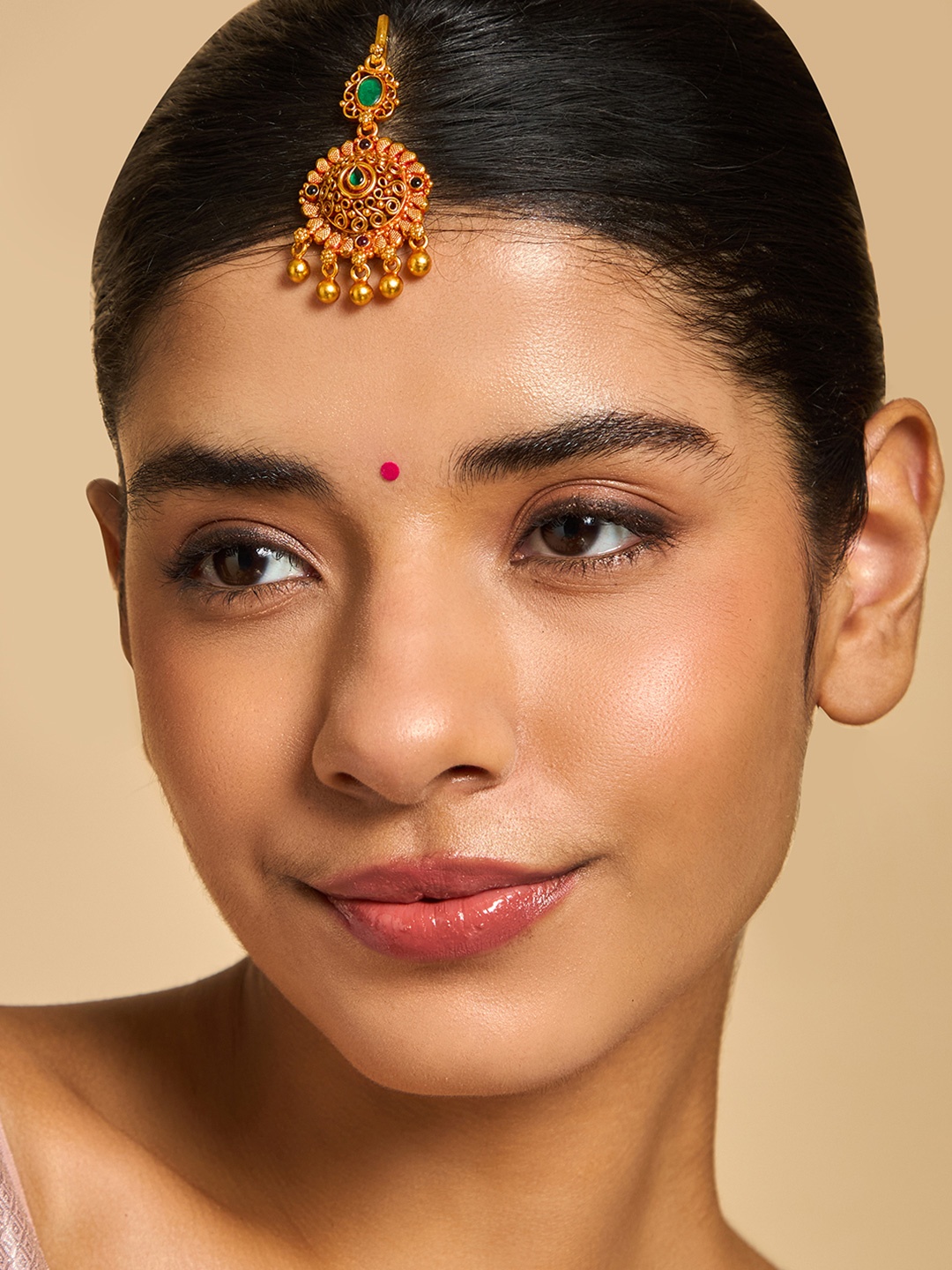 

Kushal's Fashion Jewellery 92.5 Pure Silver Gold-Plated Stone Studded Temple Maang Tikka