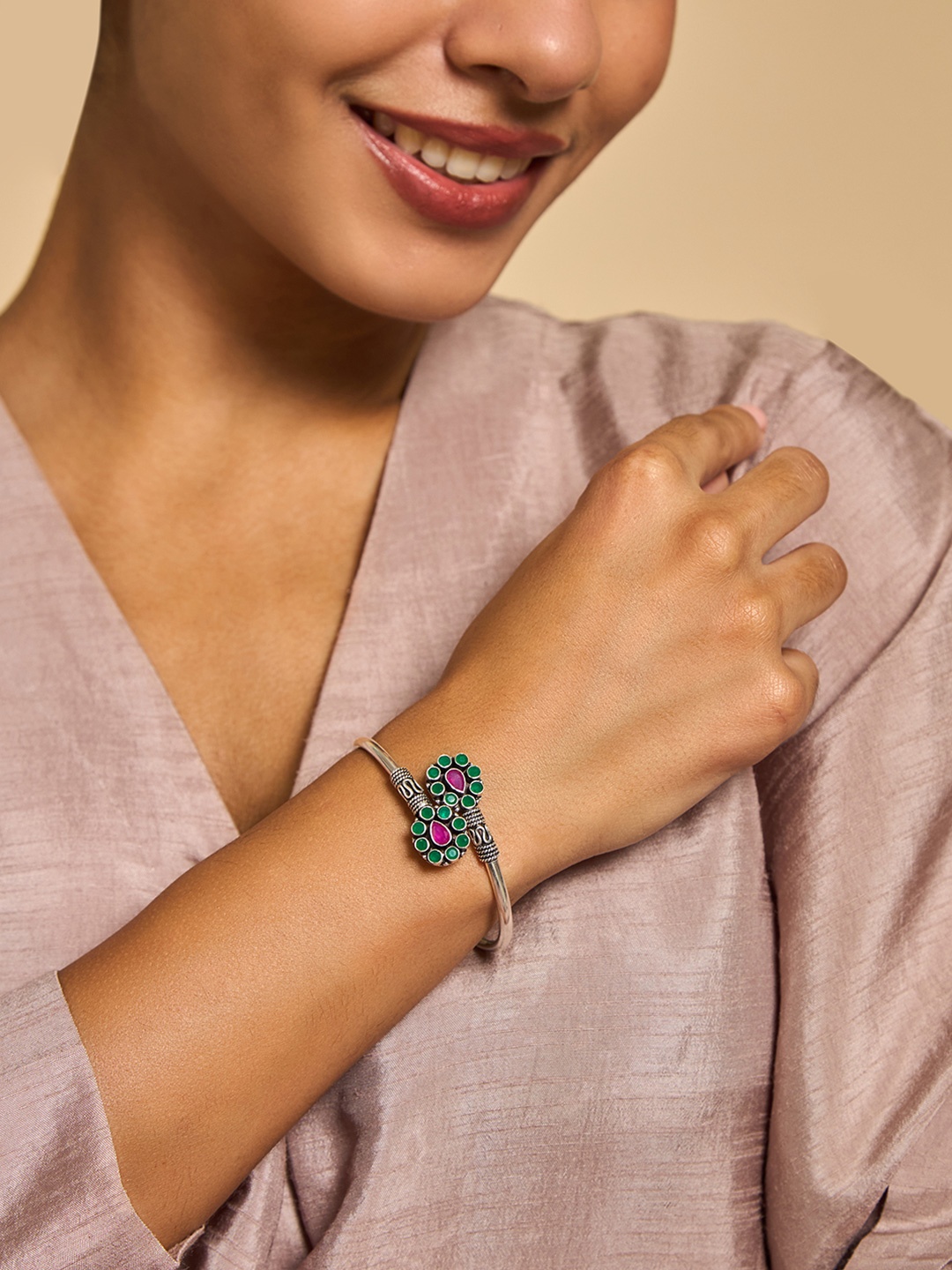 

Kushal's Fashion Jewellery Silver Rhodium-Plated Stone Studded Kada Bracelet