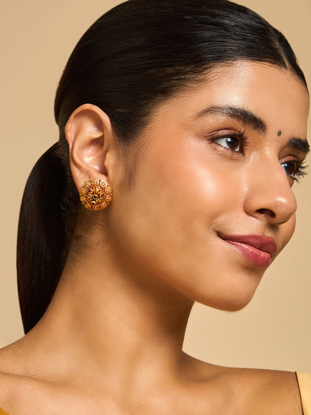 

Kushal's Fashion Jewellery Gold Plated 92.5 Pure Silver Artificial Stones Temple Earrings, Red