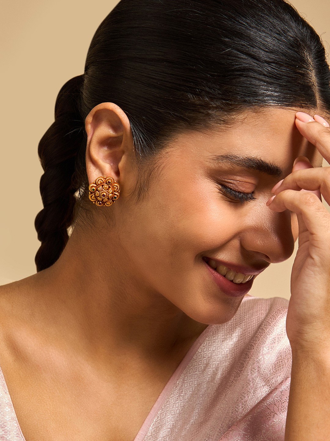 

Kushal's Fashion Jewellery 92. Pure Silver Gold Plated Stone Studded Floral Temple Studs