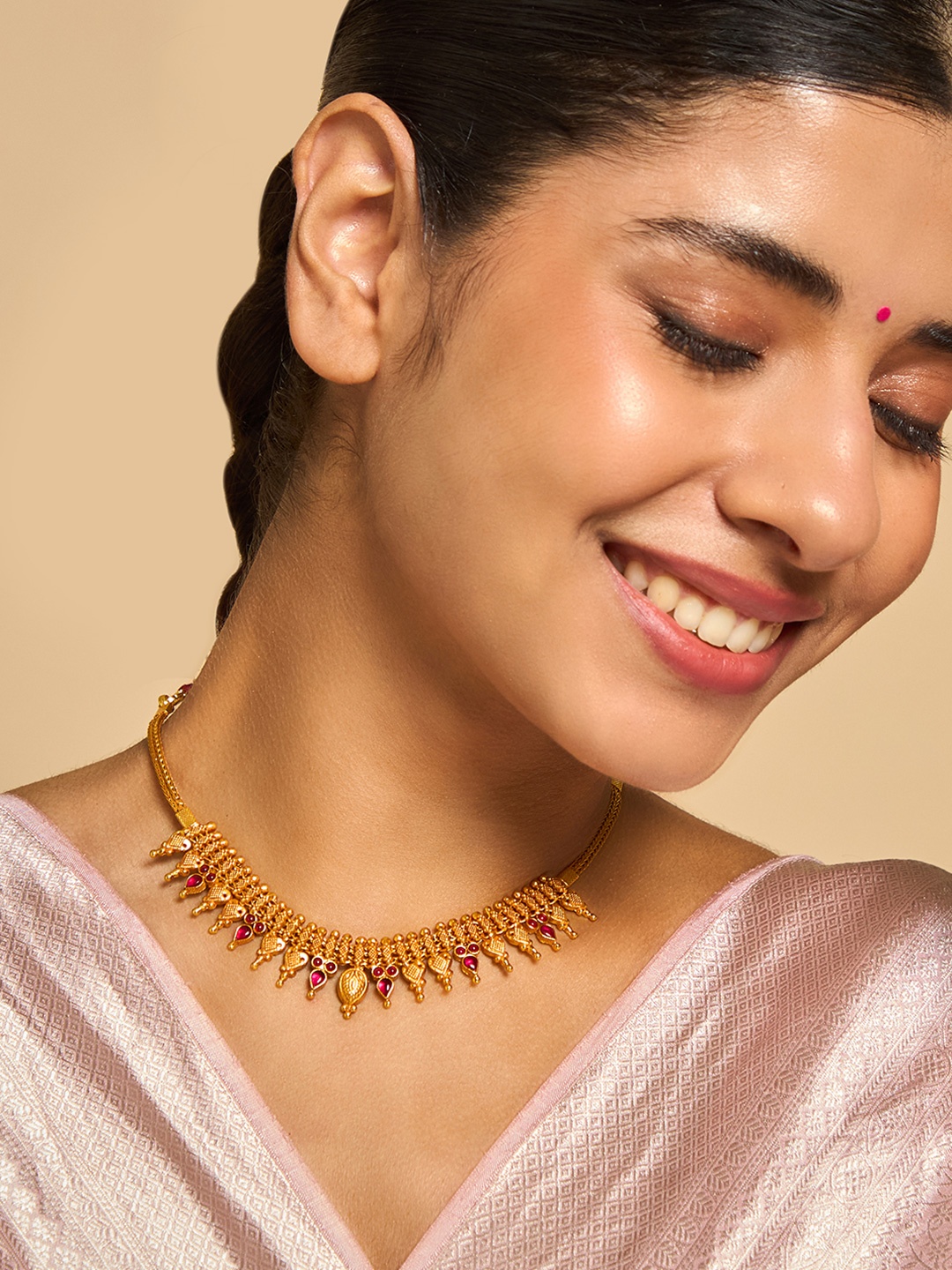 

Kushal's Fashion Jewellery 92.5 Pure Silver Gold-Plated Stone Studded Temple Necklace