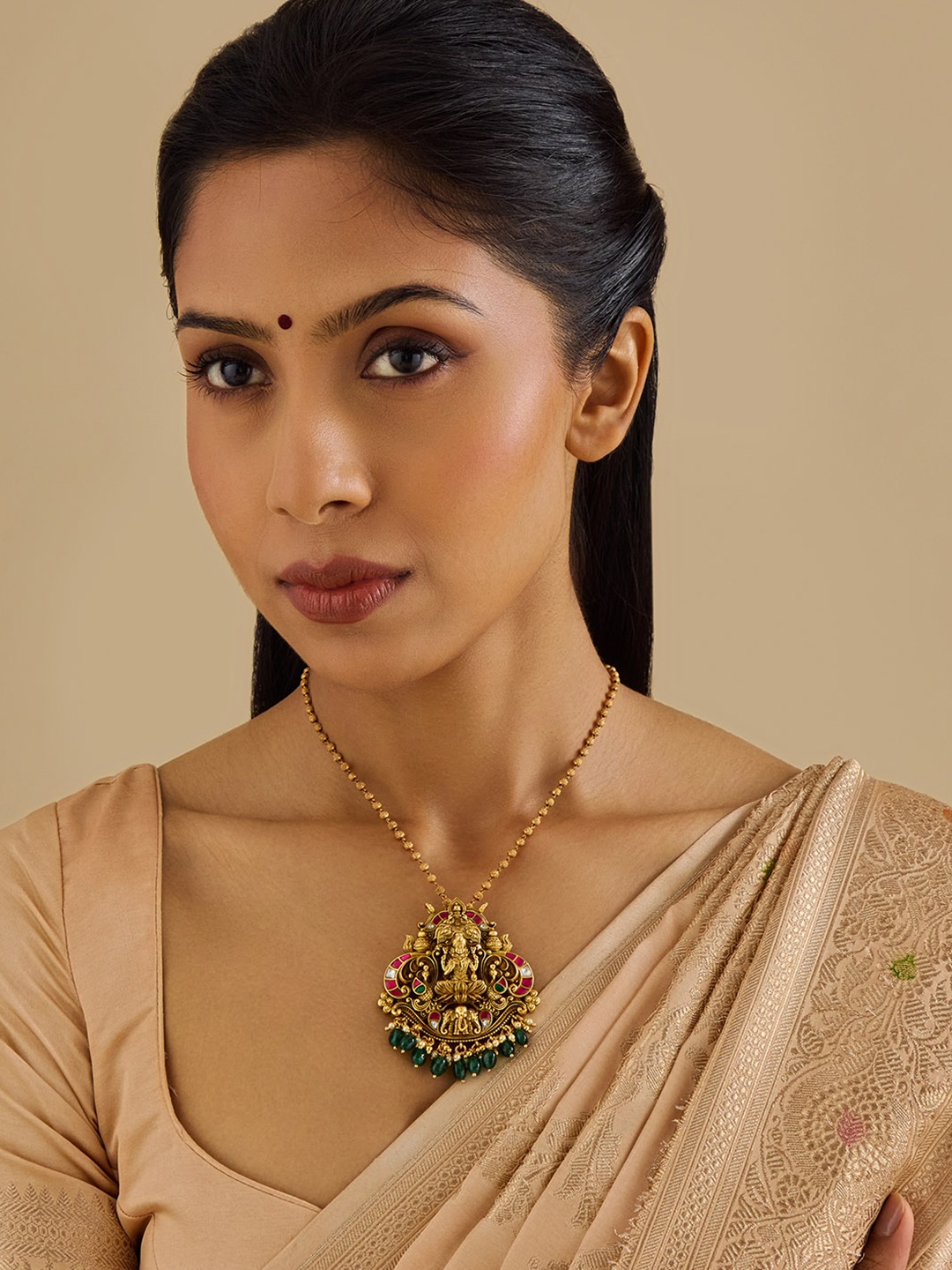 

Kushal's Fashion Jewellery Gold-Plated 92.5 Pure Silver Artificial Stones Temple Pendants
