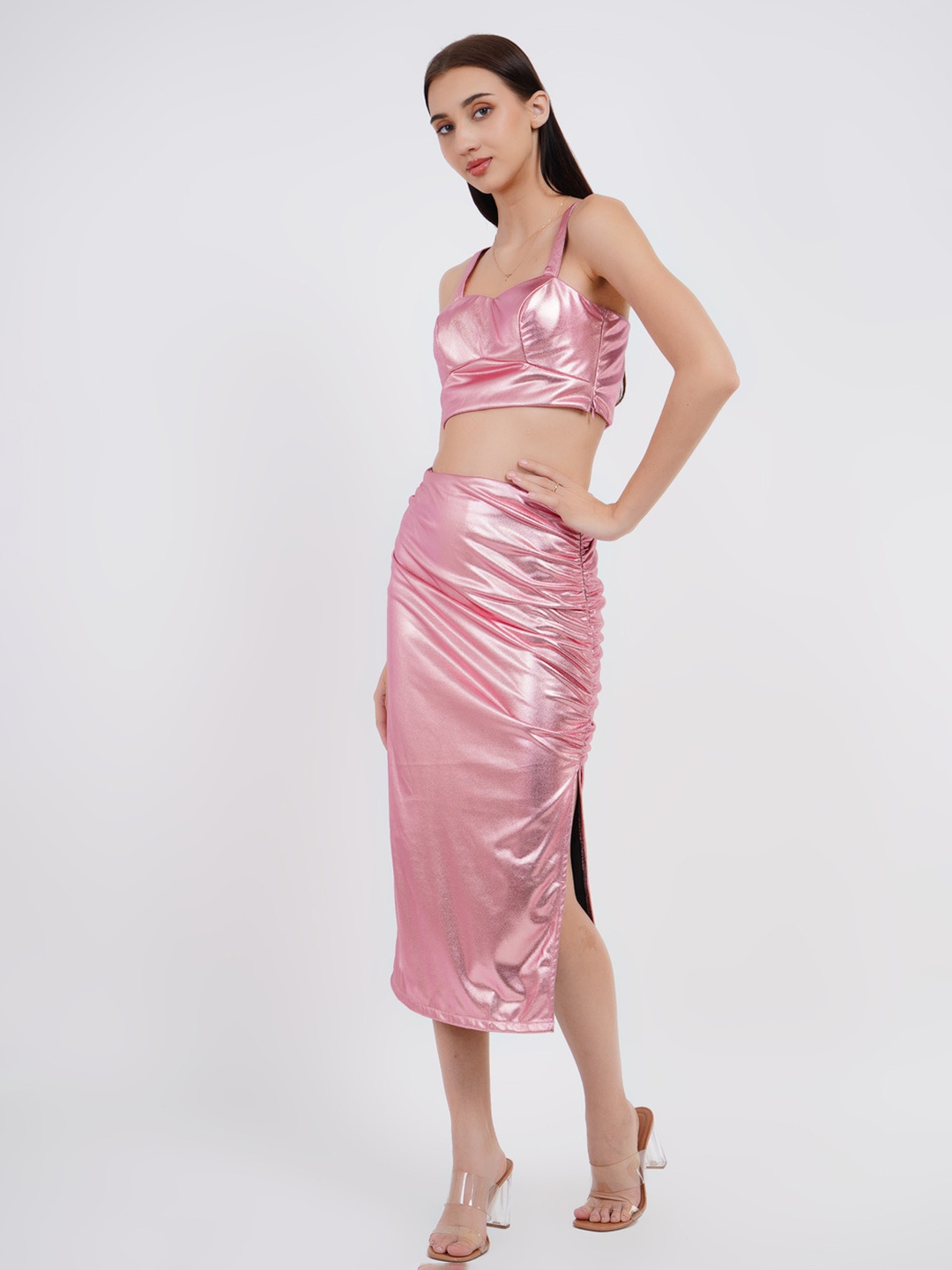 

Womenue Shoulder Straps Tube Top With Midi Skirt, Pink