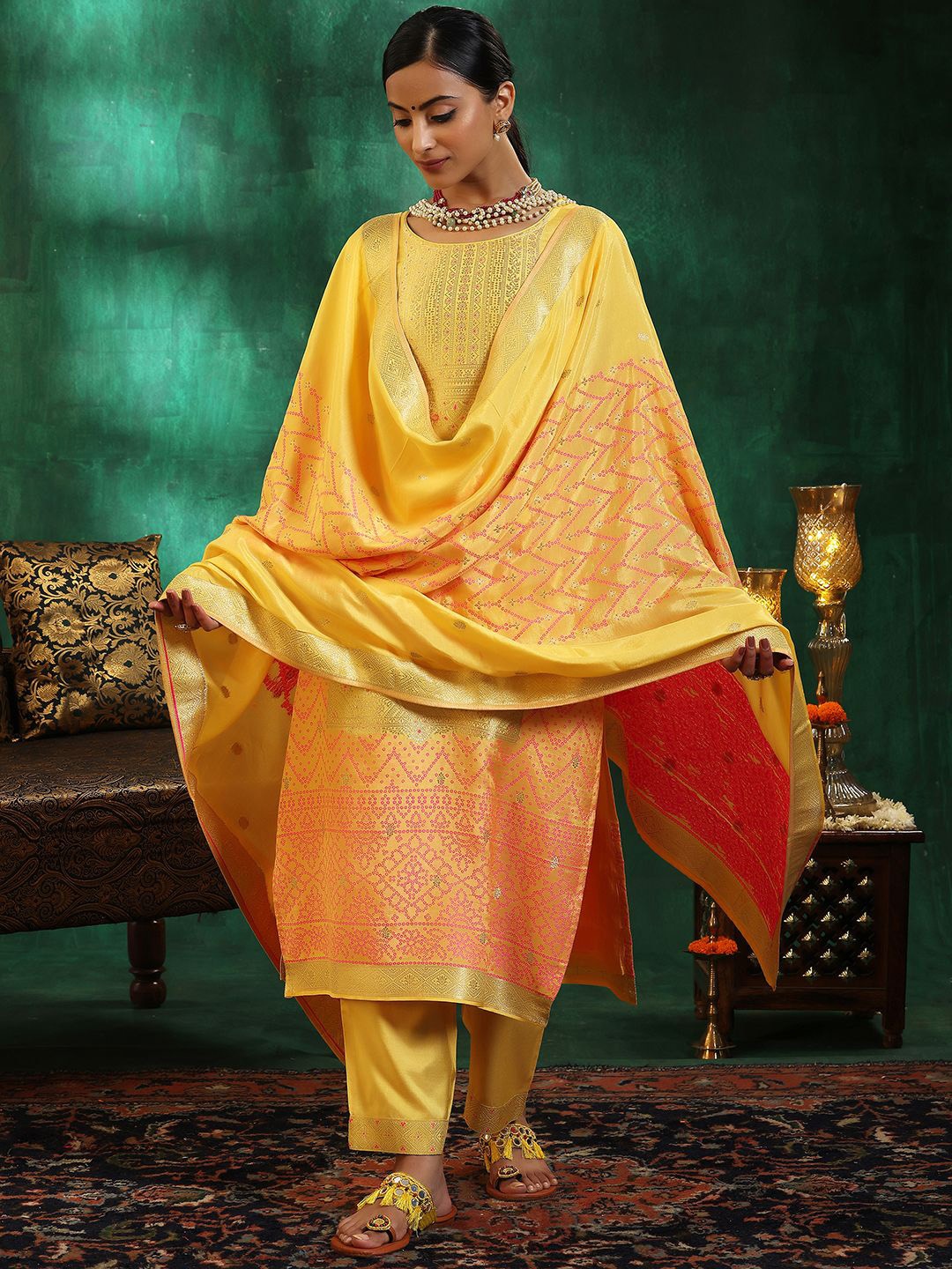 

Libas Women Ethnic Motifs Regular Kurta with Trousers & With Dupatta, Yellow