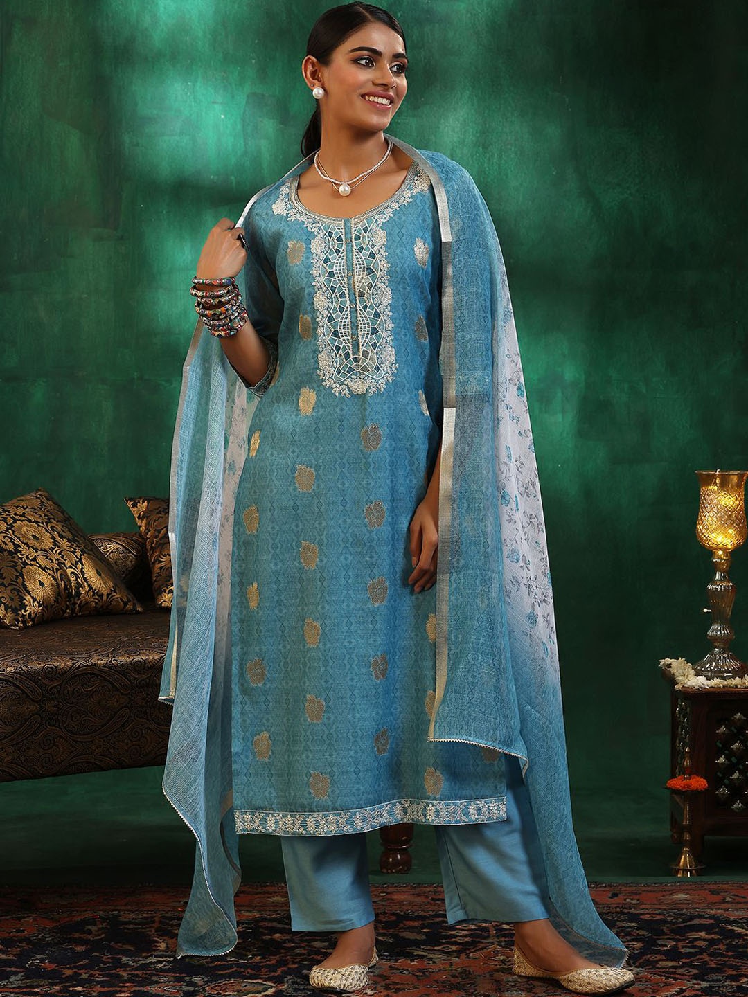 

Libas Women Ethnic Motifs Regular Sequinned Kurta with Trousers & With Dupatta, Turquoise blue