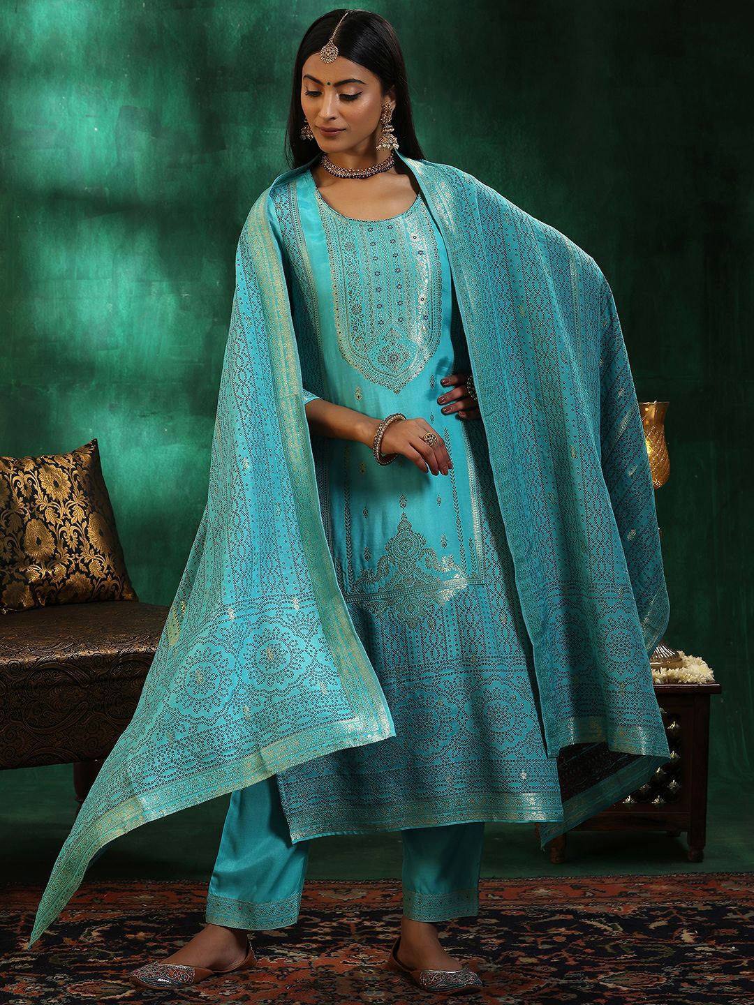 

Libas Women Ethnic Motifs Regular Kurta with Trousers & With Dupatta, Turquoise blue