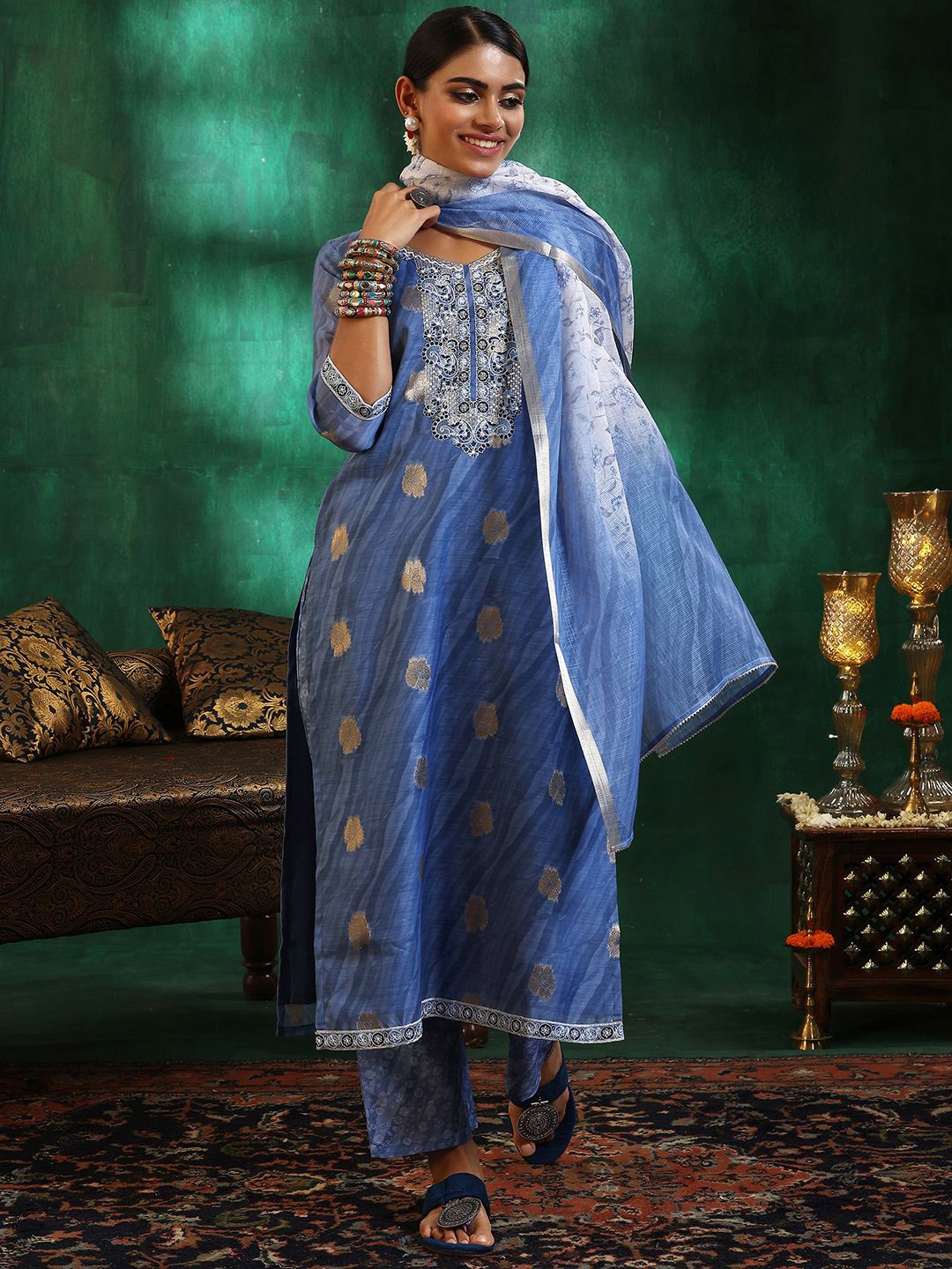 

Libas Women Leheriya Regular Sequinned Kurta with Trousers & With Dupatta, Blue