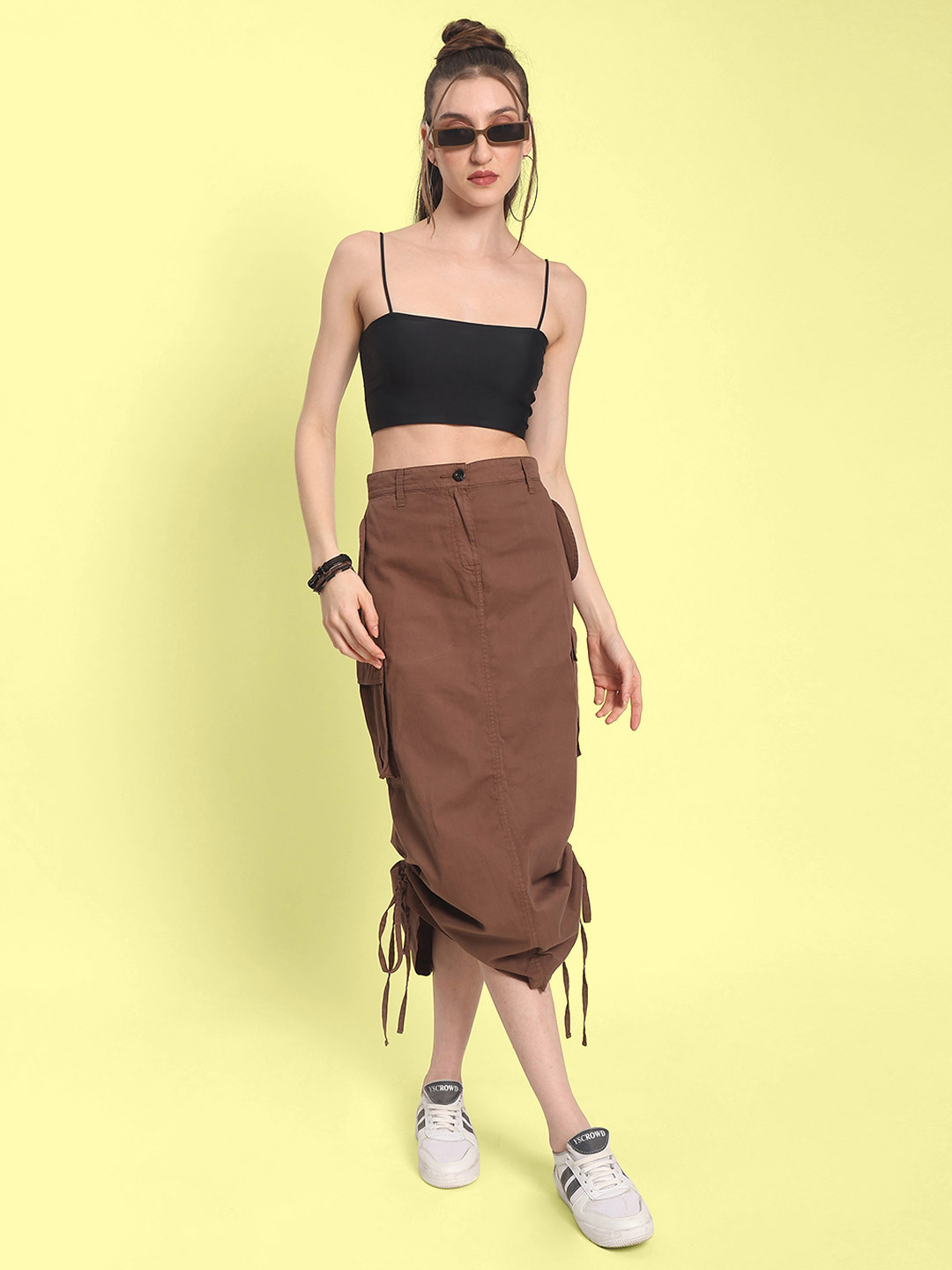

Bene Kleed Women Pure Cotton Midi Parachute Skirts, Brown