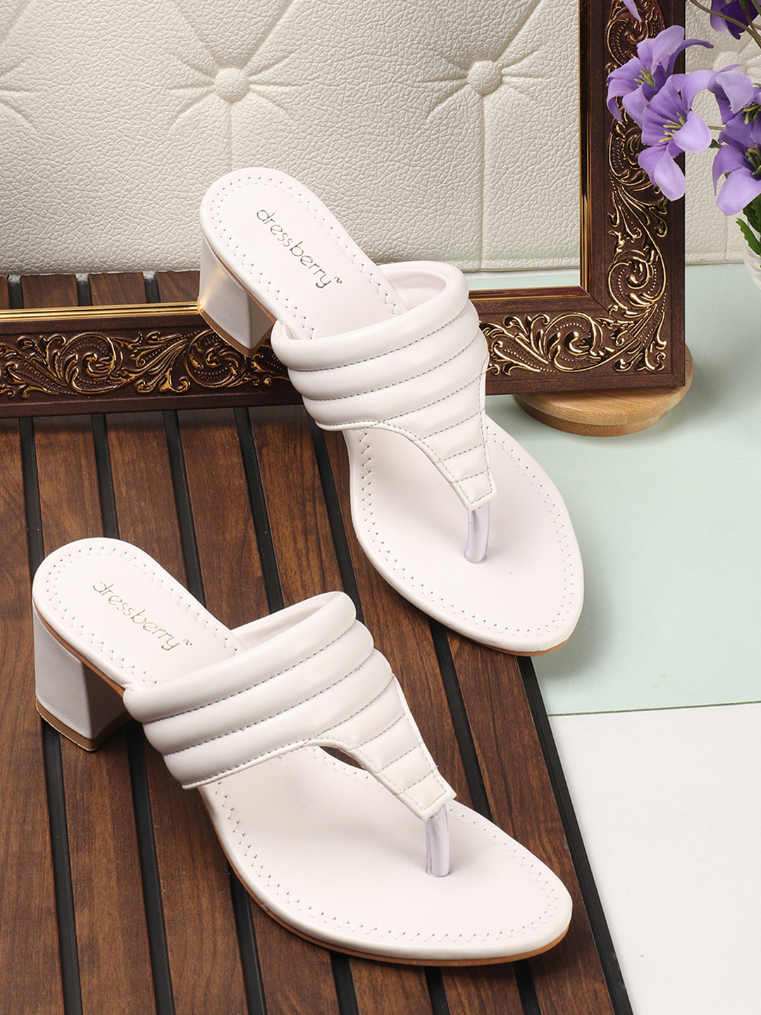 

DressBerry Women T-Strap Block Heel Sandals, White
