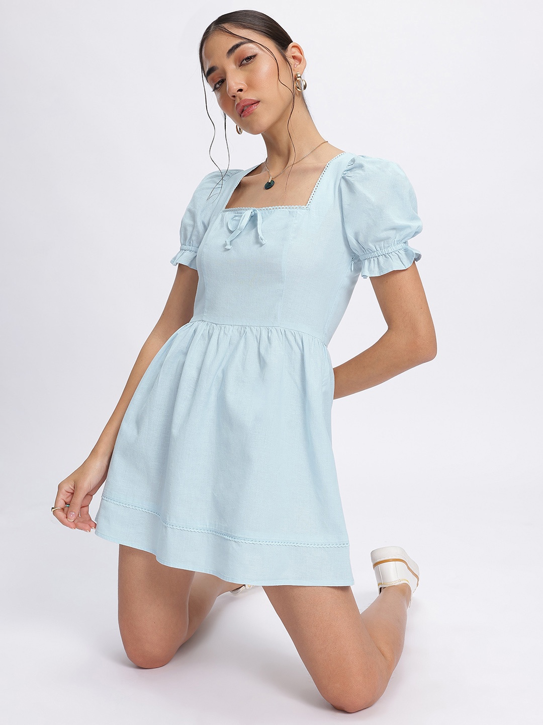 

DressBerry Bow-tiful Pastels Lace Insert Detail Mini Dress, Blue