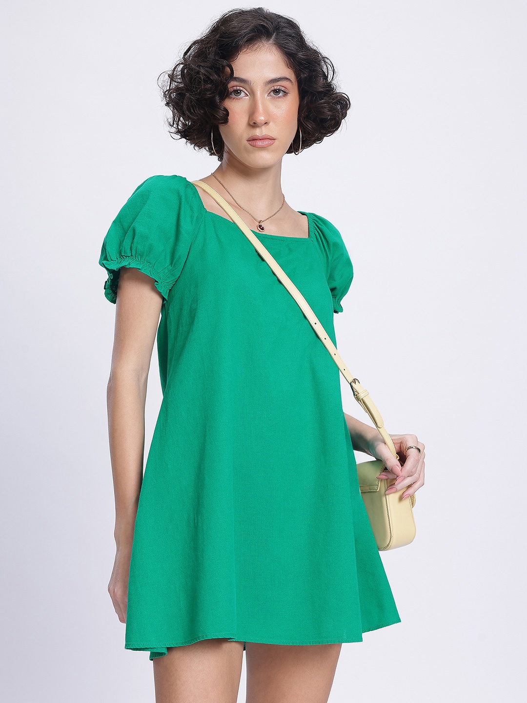 

DressBerry Casual Essentials Puff Sleeve Tie-Up Back A-Line Mini Dress, Green