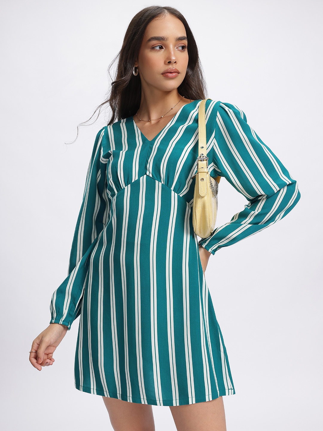 

DressBerry Striking Stripes Styled Back Empire Mini Dress, Teal