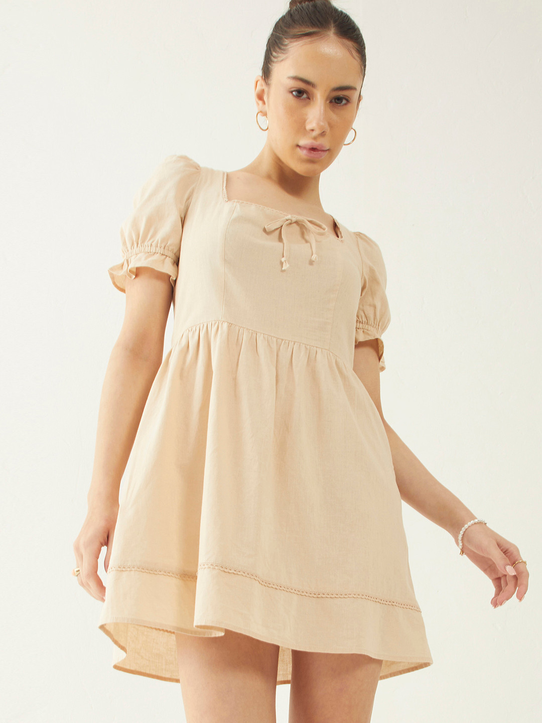 

DressBerry Vintage Vibes Lace Inserts Fit & Flare Mini Dress, Beige