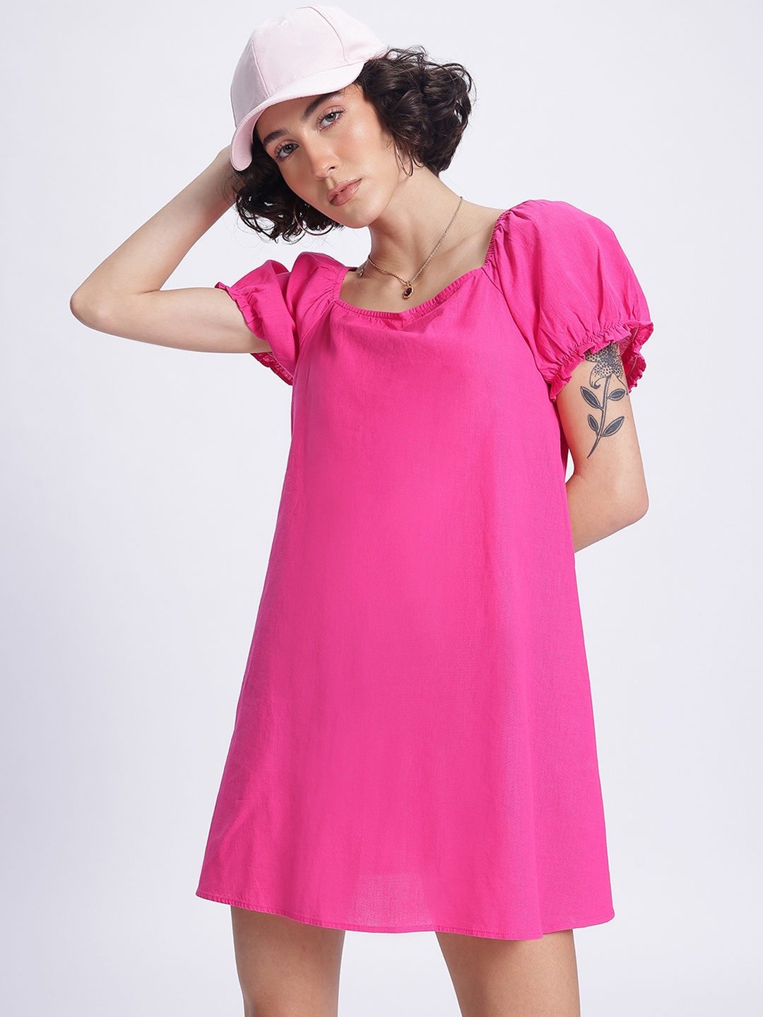 

DressBerry Barbiecore Puff Sleeve Tie-Up Back A-Line Mini Dress, Pink