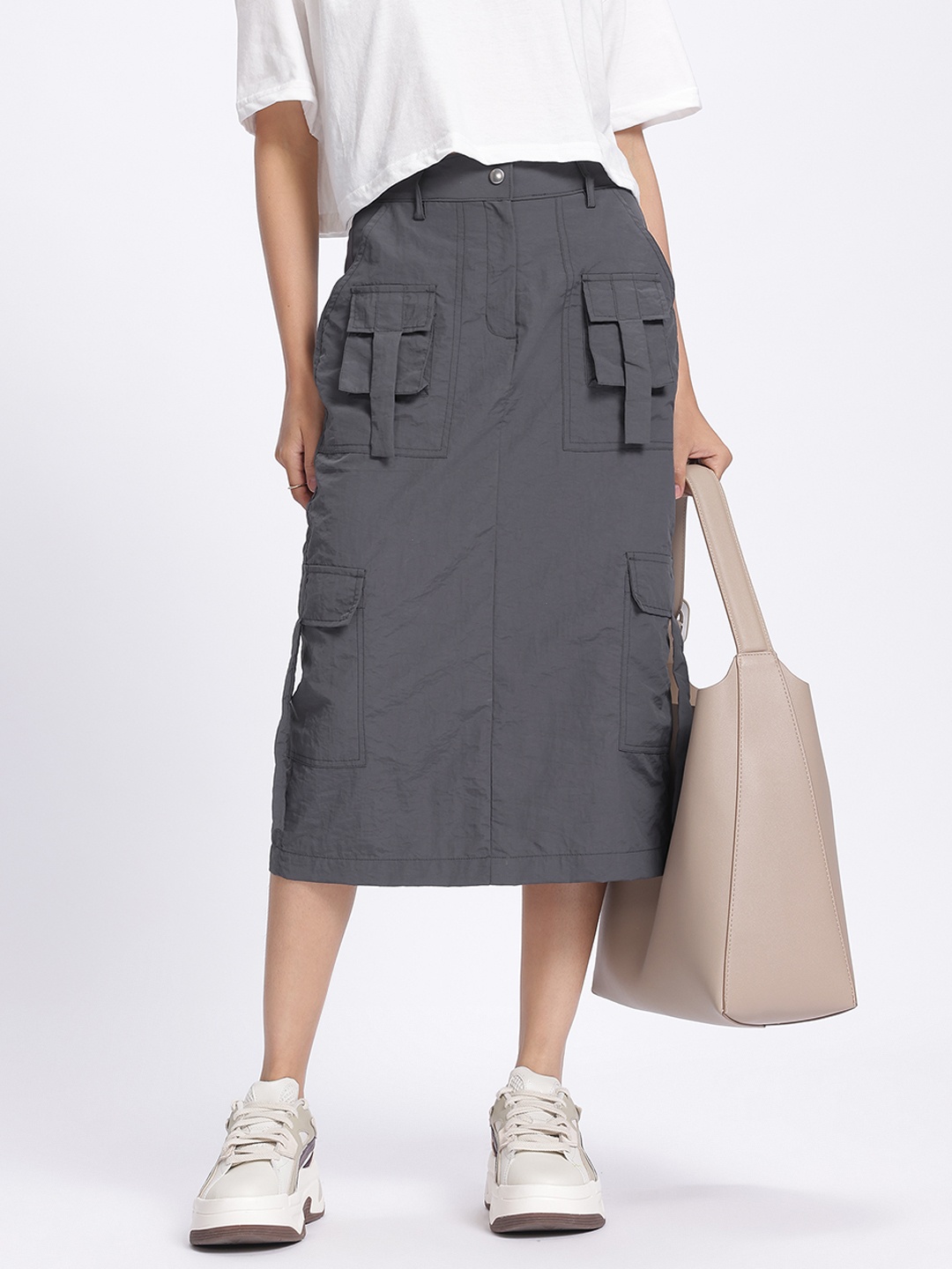 

DressBerry Functional Fashion Cargo Style Midi Straight Skirt, Charcoal