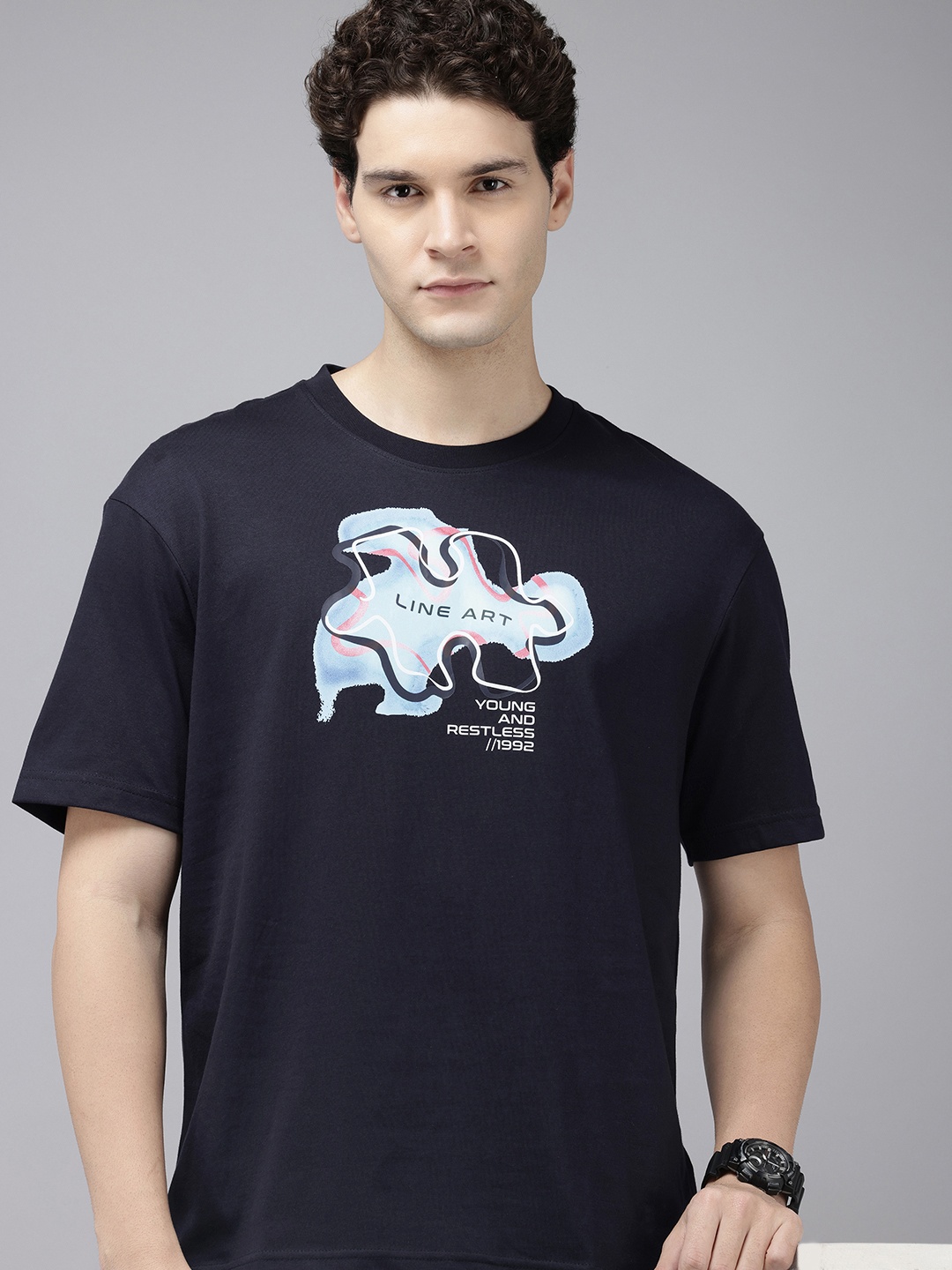 

SPYKAR Graphic Printed Drop-Shoulder Sleeves Oversized T-shirt, Navy blue