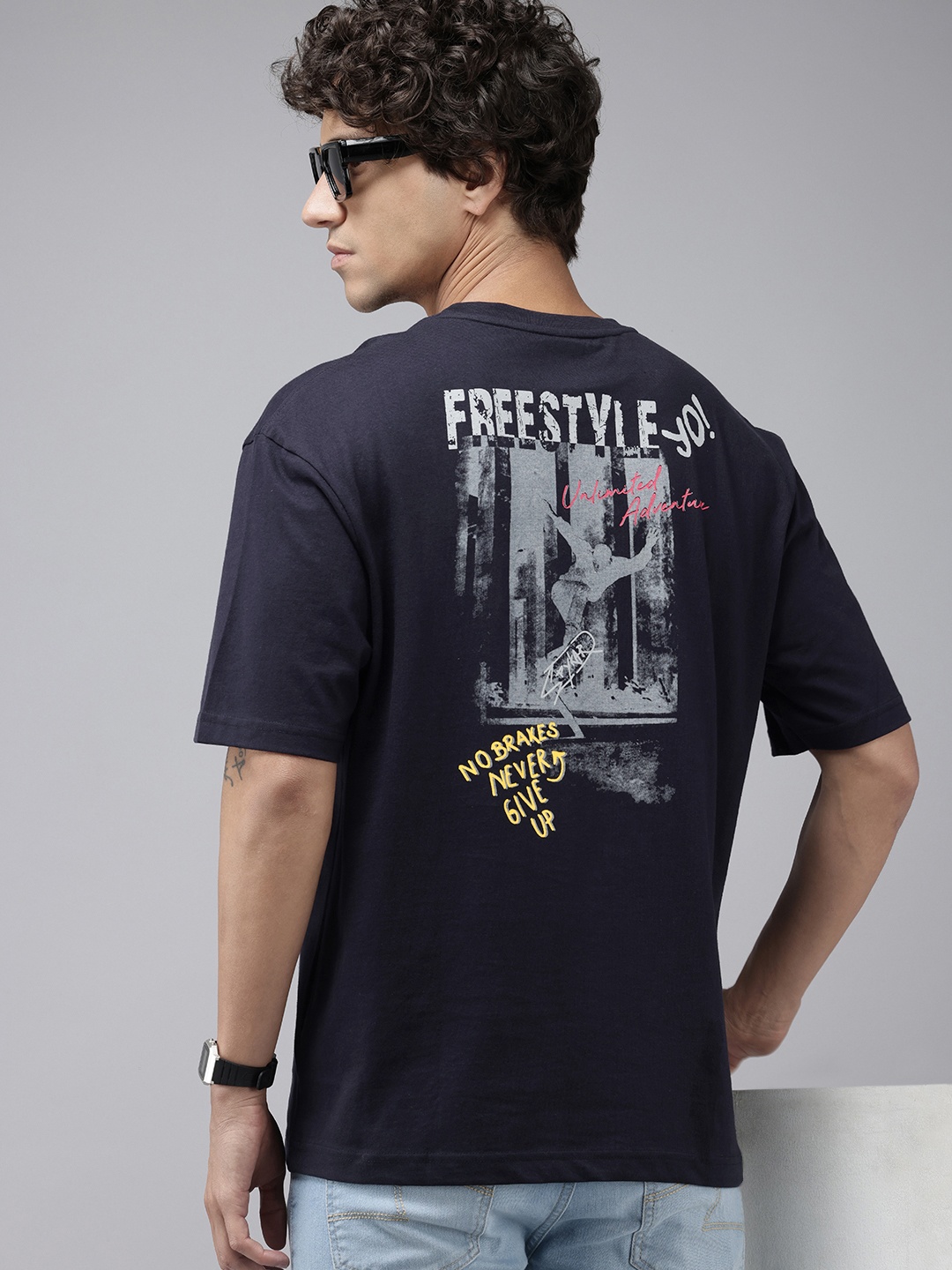 SPYKAR Graphic Printed Drop-Shoulder Sleeves Oversized T-shirt, Navy blue