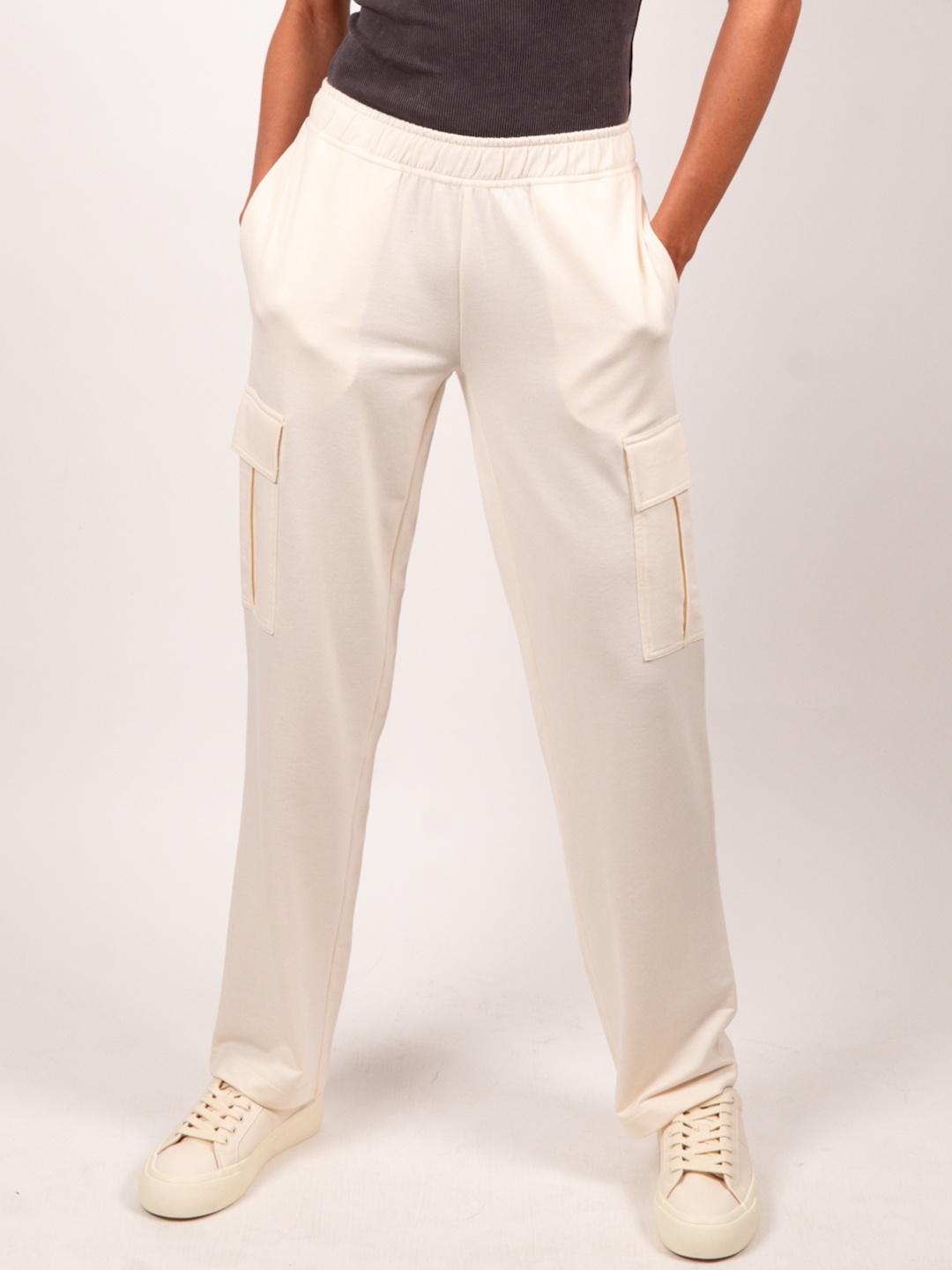 

Strong And Brave Women High-Waisted Cargo Track Pants, Cream