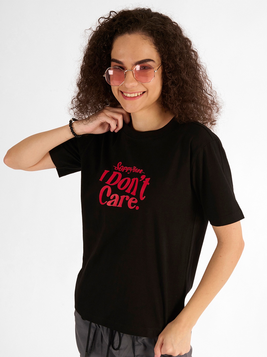 

IVOC Women Typography Drop-Shoulder Sleeves Applique T-shirt, Black