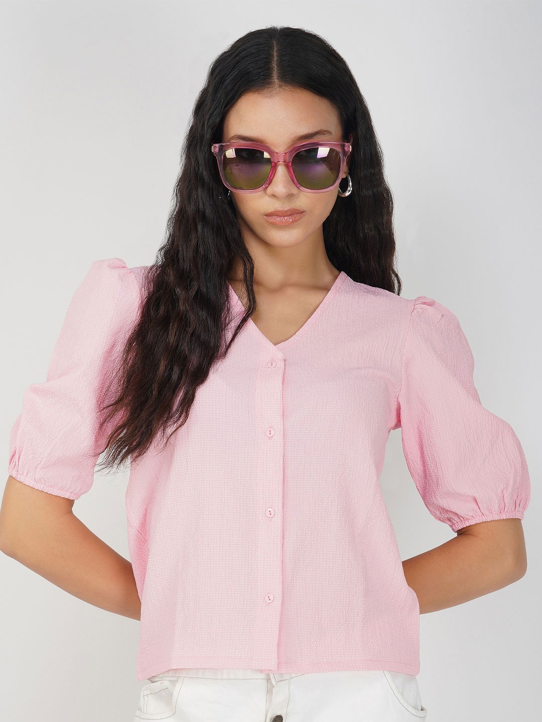 

SAFFE Roll-Up Sleeves Net Shirt Style Top, Pink