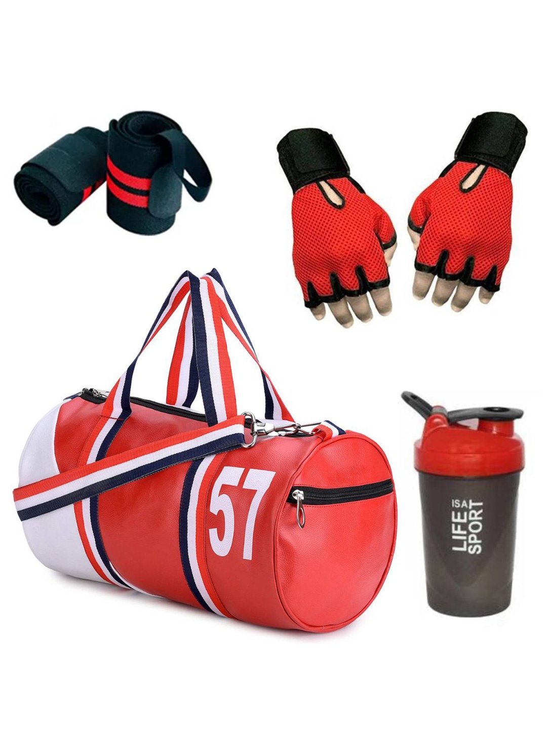 

GROUPERS Printed Small Gym Duffel Bag with Shaker Bottle-400ml Wrist Band & Gloves, Red