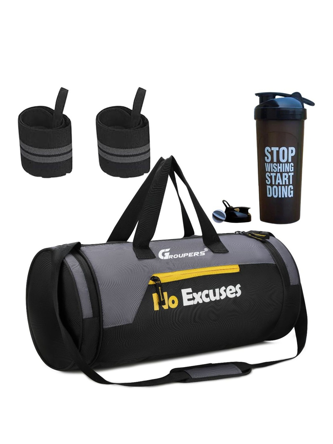 

GROUPERS Printed Foldable Sports or Gym Duffel Bag With Wrist Band & Shaker Bottle-700 ML, Black