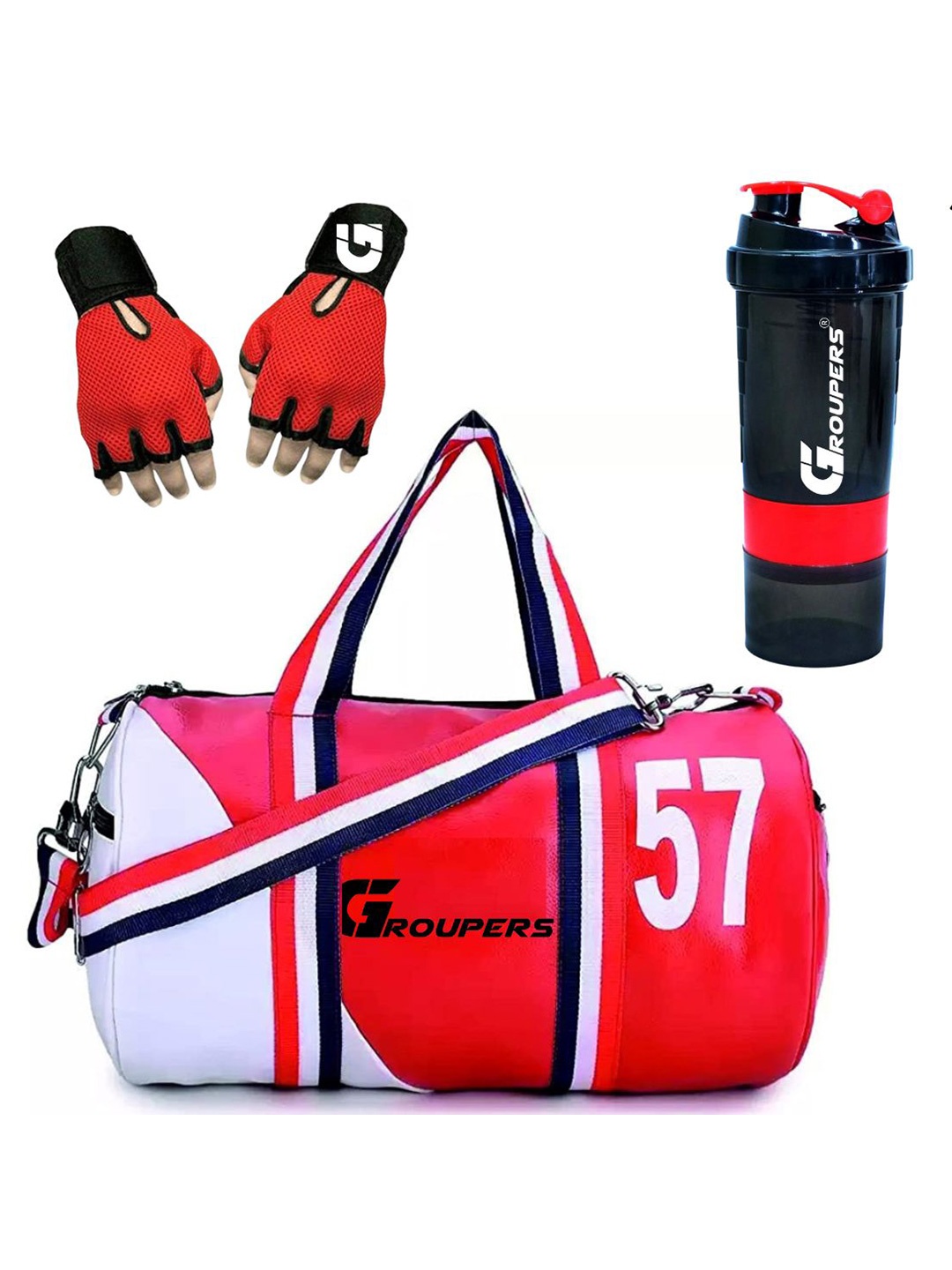 

GROUPERS Medium Foldable Sports or Gym Duffel Bag with Shaker Bottle-500ml & Gloves, Red