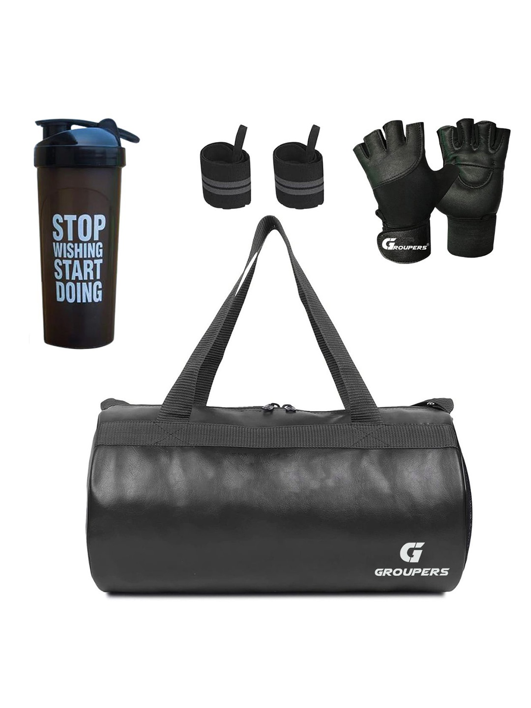 

GROUPERS Small Foldable Gym Duffel Bag with Shaker Bottle & Gloves with Wrist Bag, Black