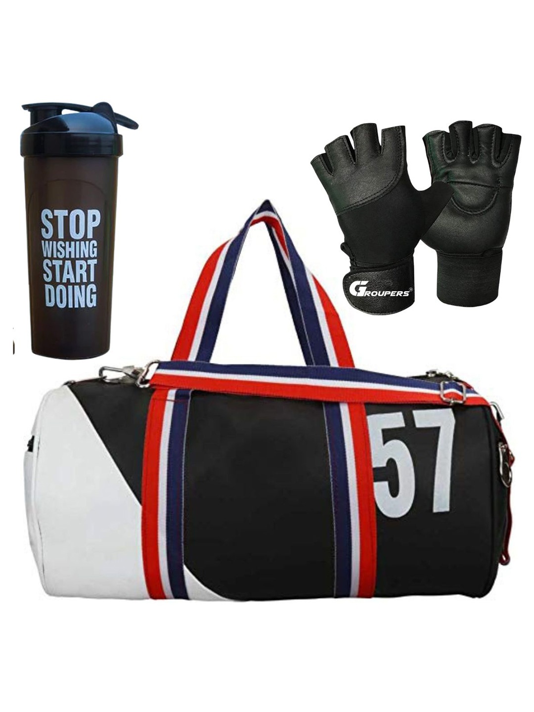 

GROUPERS Printed Medium Foldable Gym Duffel Bag with Shaker Bottle-700ml & Gloves, Black