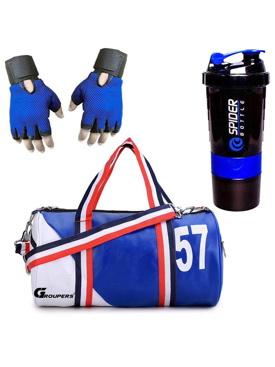 

GROUPERS Printed Small Foldable Gym Duffel Bag with Shaker Bottle & Gloves, Blue