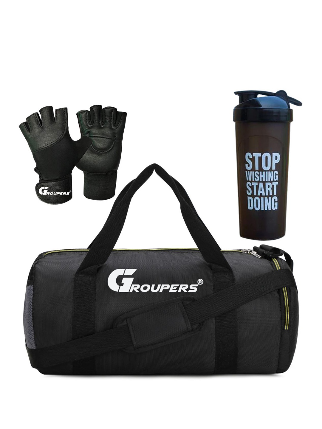 

GROUPERS Printed Foldable Sports or Gym Duffel Bag With Gloves & Shaker Bottle -700 ML, Black