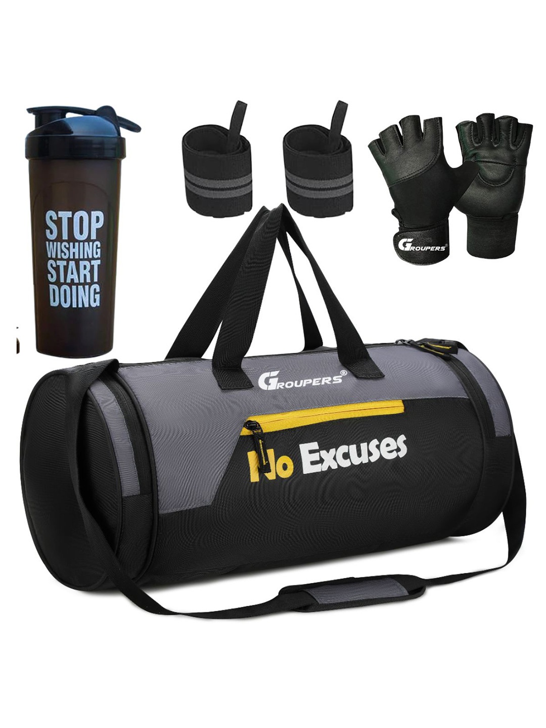 

GROUPERS Printed Foldable Gym Duffel Bag With Wrist Band Gloves & Shaker Bottle-700 ML, Black