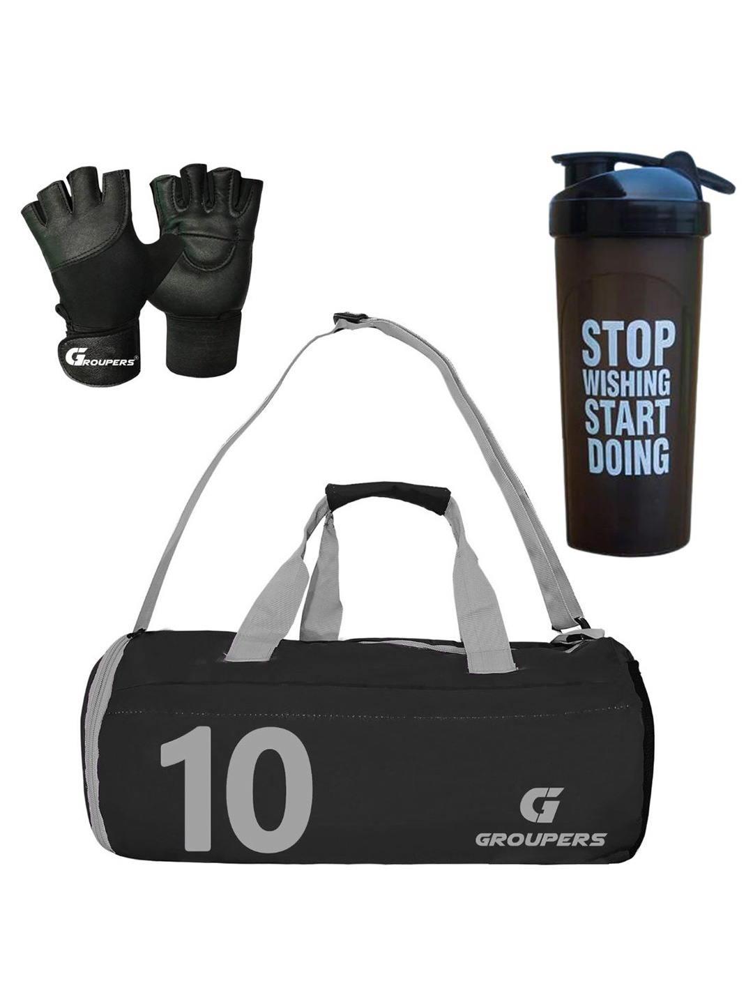 

GROUPERS Medium Foldable Sports Duffel Bag With Gloves & Shaker Bottle, Black