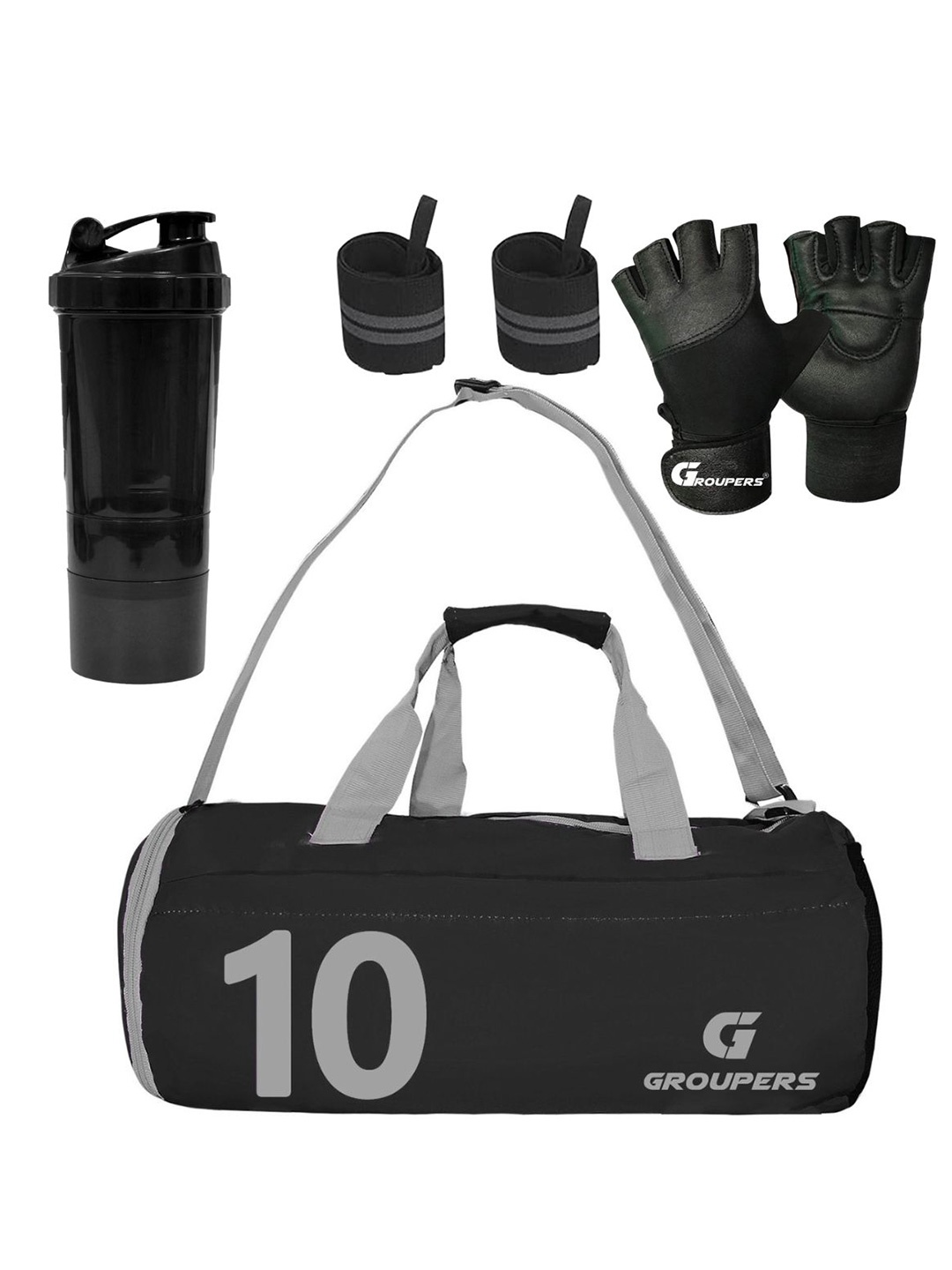 

GROUPERS Printed Foldable Gym Duffel Bag with Shaker Bottle-500ml Gloves & Wrist Band, Black