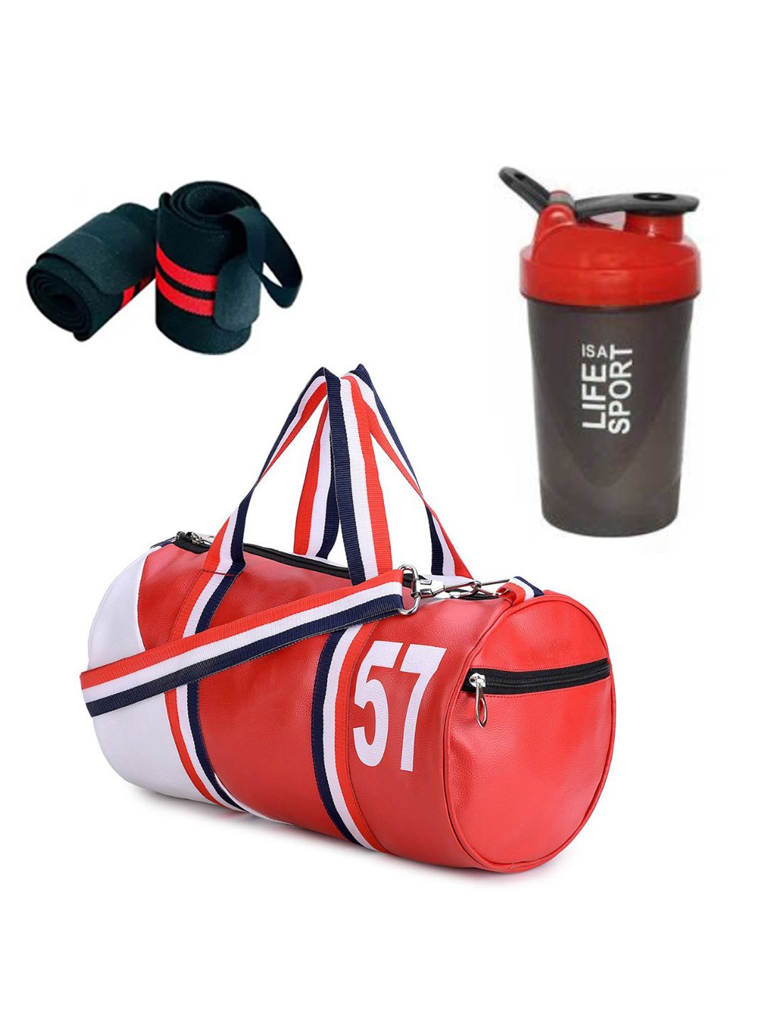 

GROUPERS Printed Medium Foldable Gym Duffel Bag with Shaker Bottle & Wrist Band, Red