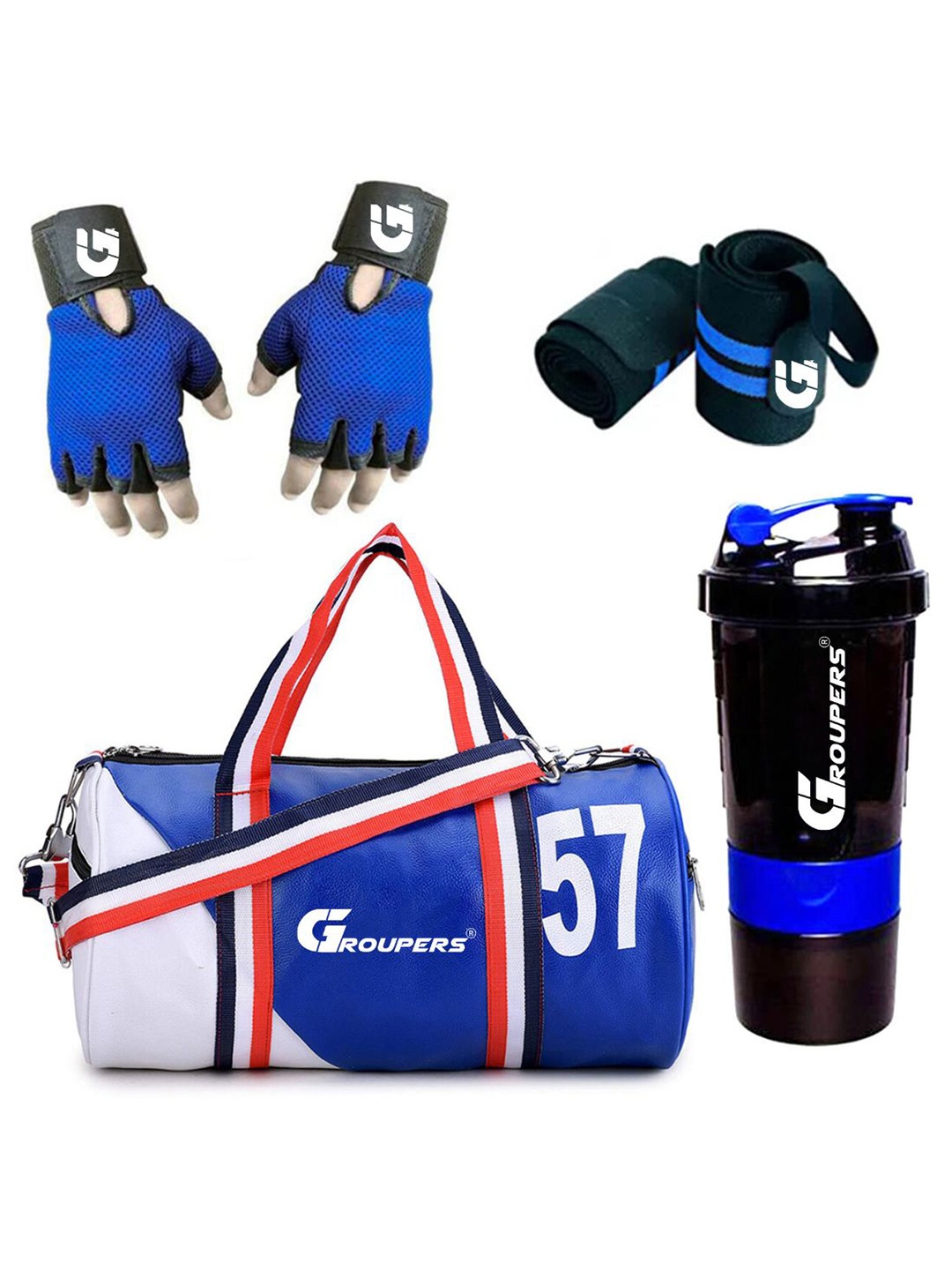 

GROUPERS Printed Gym Duffel Bag with Shaker Bottle & Gloves with Wrist Band, Blue