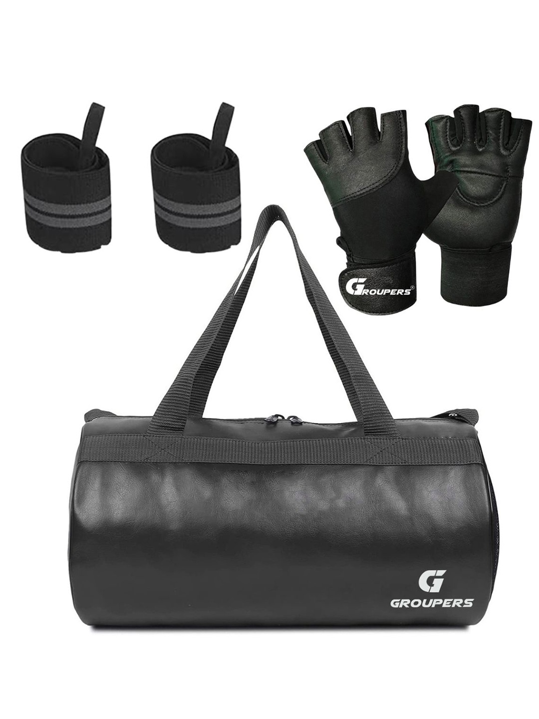 

GROUPERS Medium Foldable Gym Duffel Bag with Gloves & Wrist Band, Black