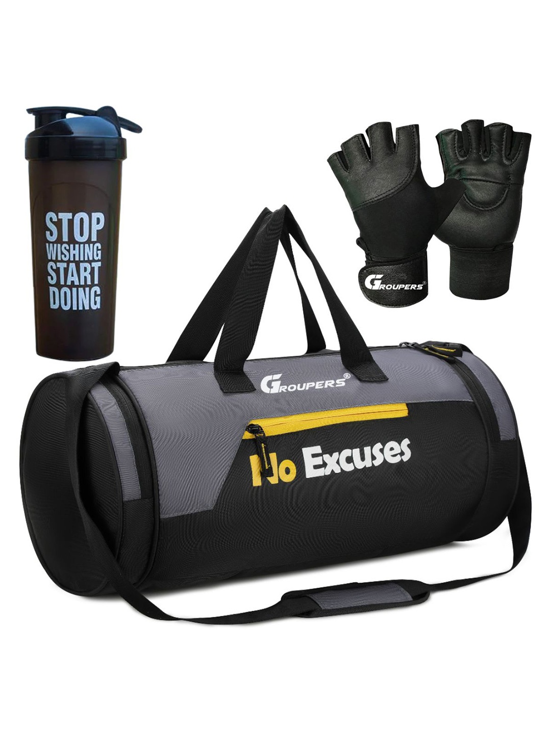

GROUPERS Printed Medium Foldable Gym Duffel Bag With Gloves & Shaker Bottle, Black