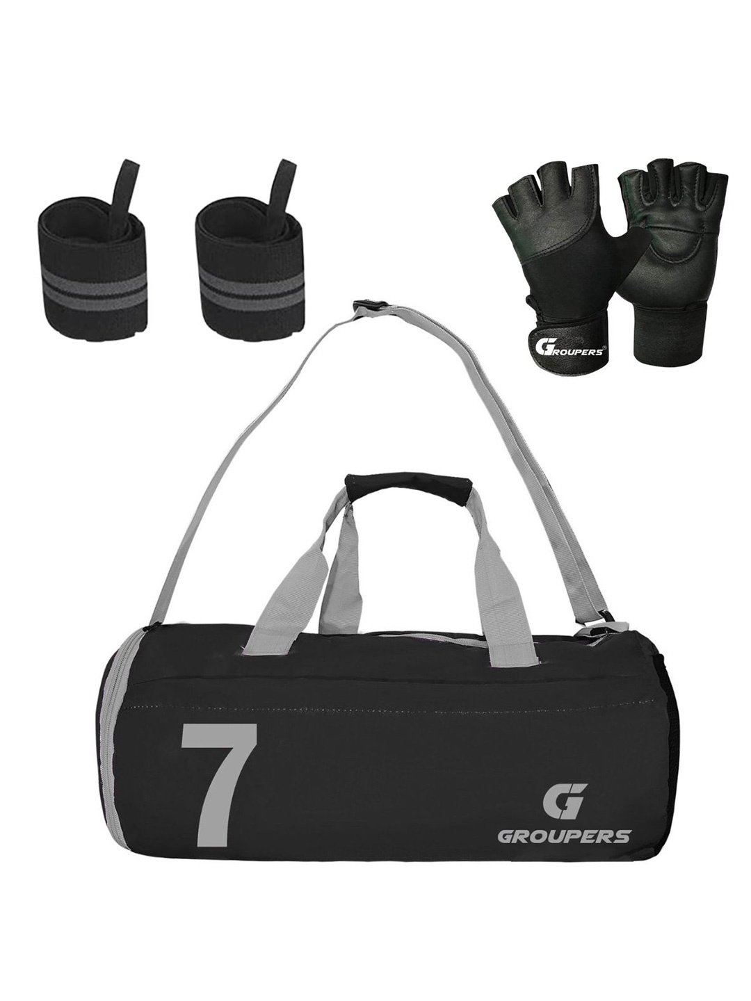 

GROUPERS Printed Medium Foldable Gym Duffel Bag with Gloves & Wrist Band, Black